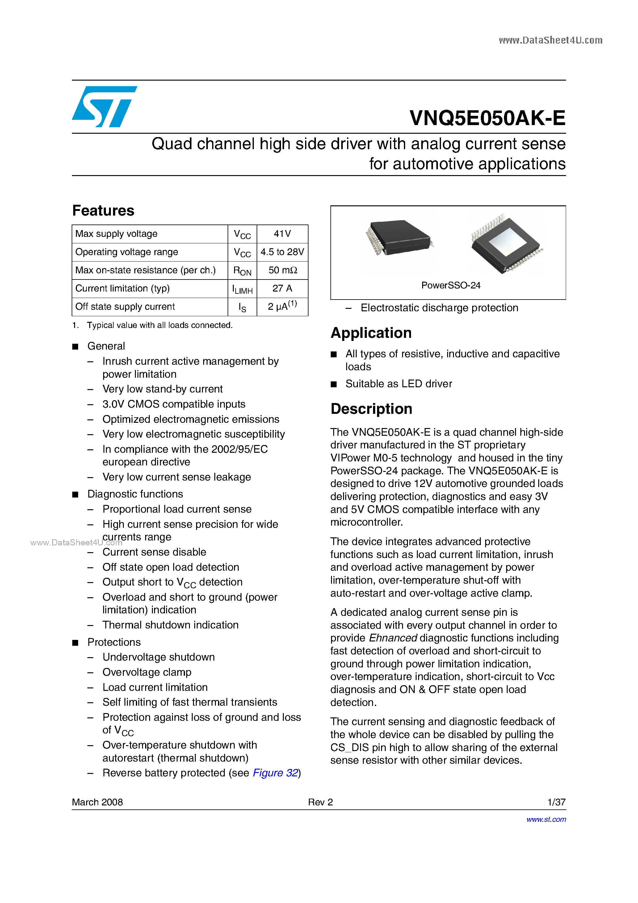 Даташит VNQ5E050AK-E - Quad channel high side driver страница 1