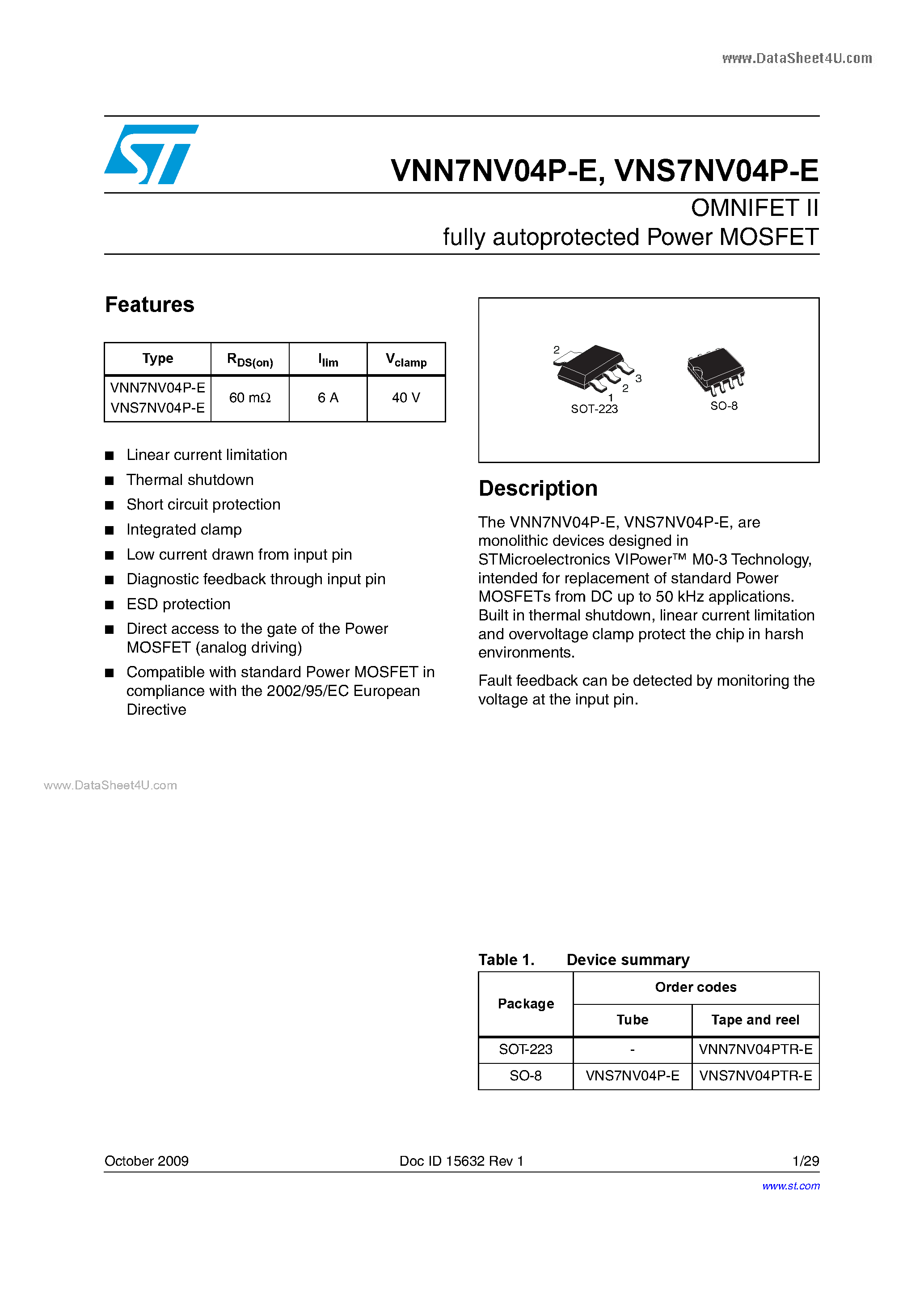 Даташит VNS7NV04P-E - OMNIFET II fully autoprotected Power MOSFET страница 1