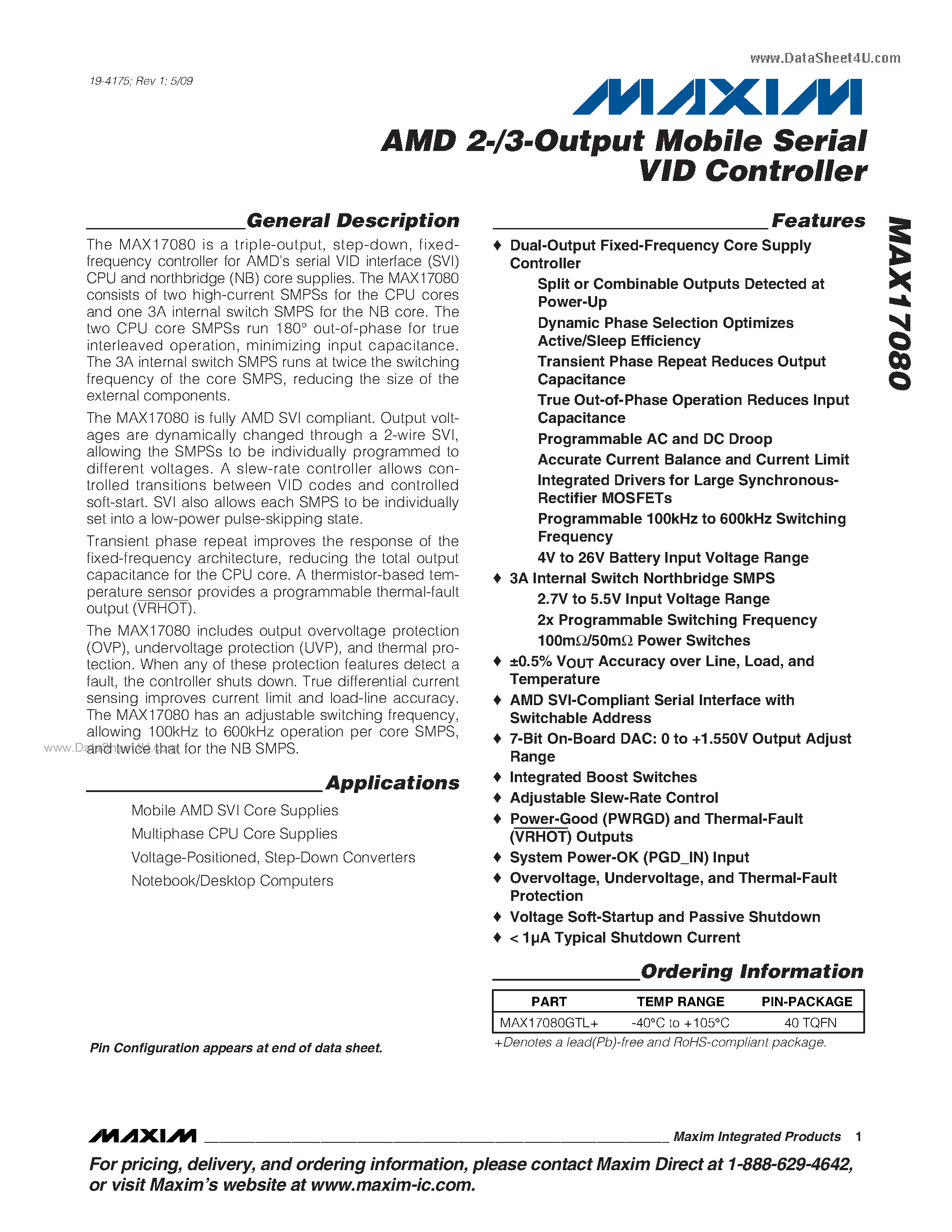 Datasheet MAX17080 - AMD 2-/3-Output Mobile Serial VID Controller page 1