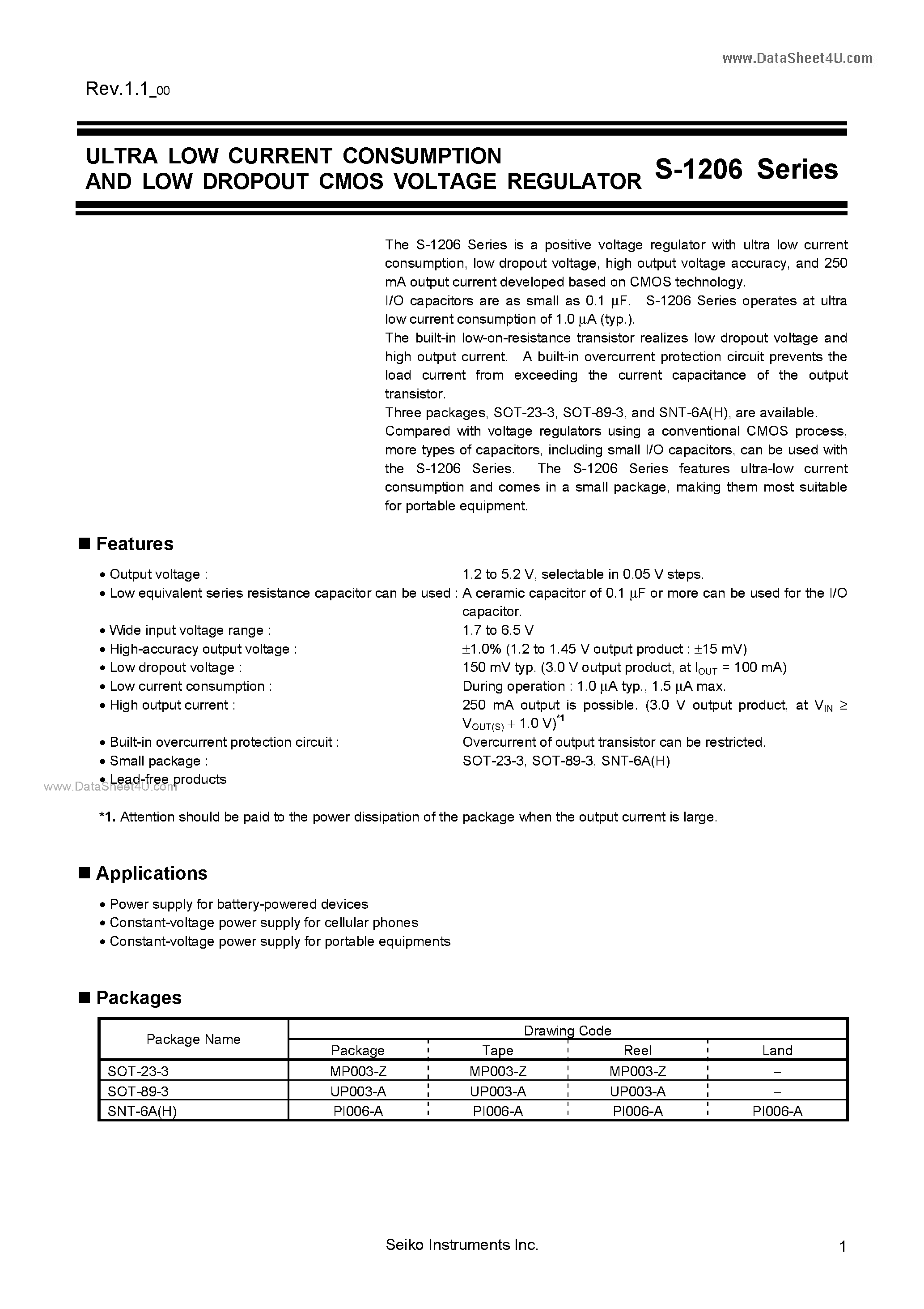 Datasheet S-1206 page 1 Datasheet S-1206 - ULTRA LOW CURRENT CONSUMPTION AND LOW DROPOUT CMOS VOLTAGE REGULATOR page 1