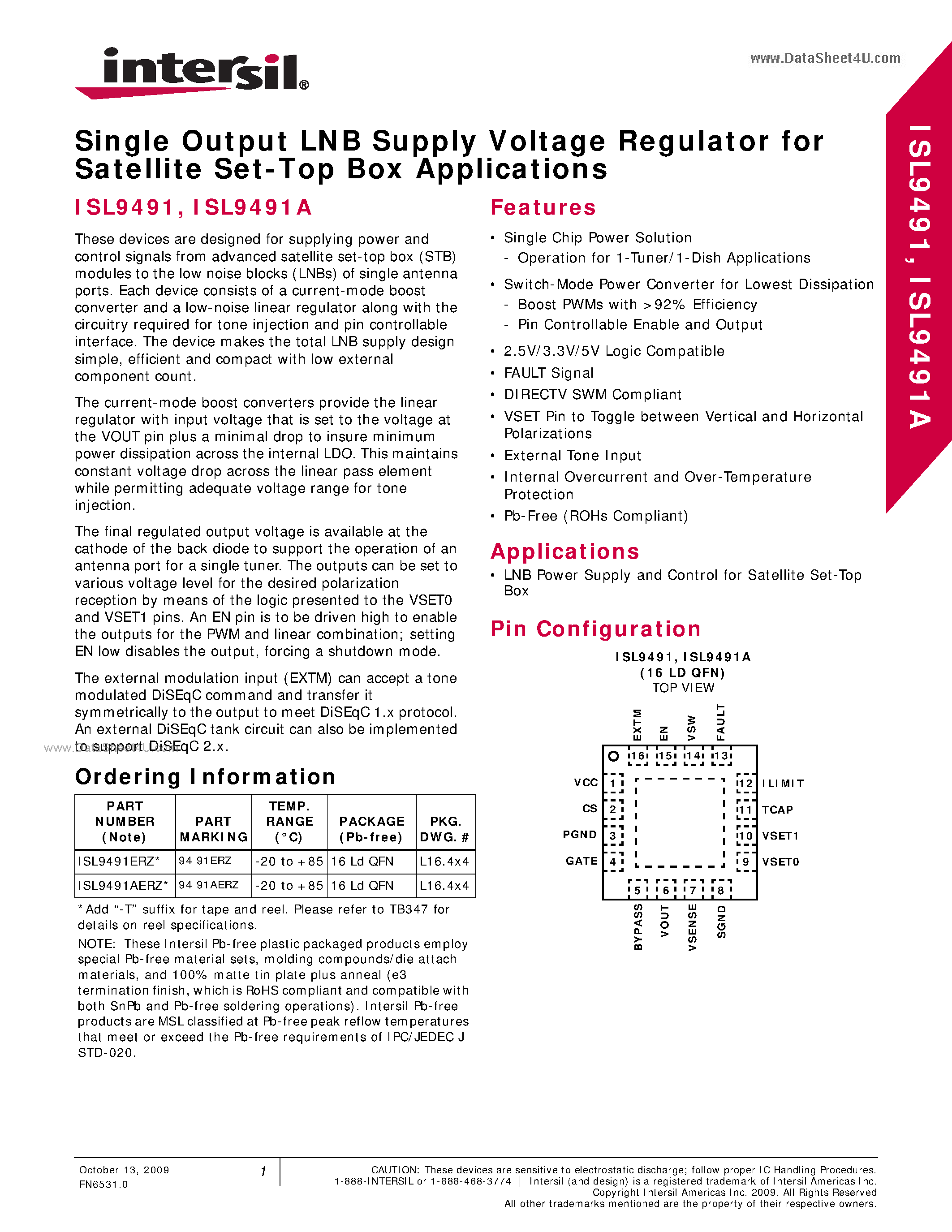 Datasheet ISL9491 page 1 Datasheet ISL9491 - LNB Power Supply and Control page 1