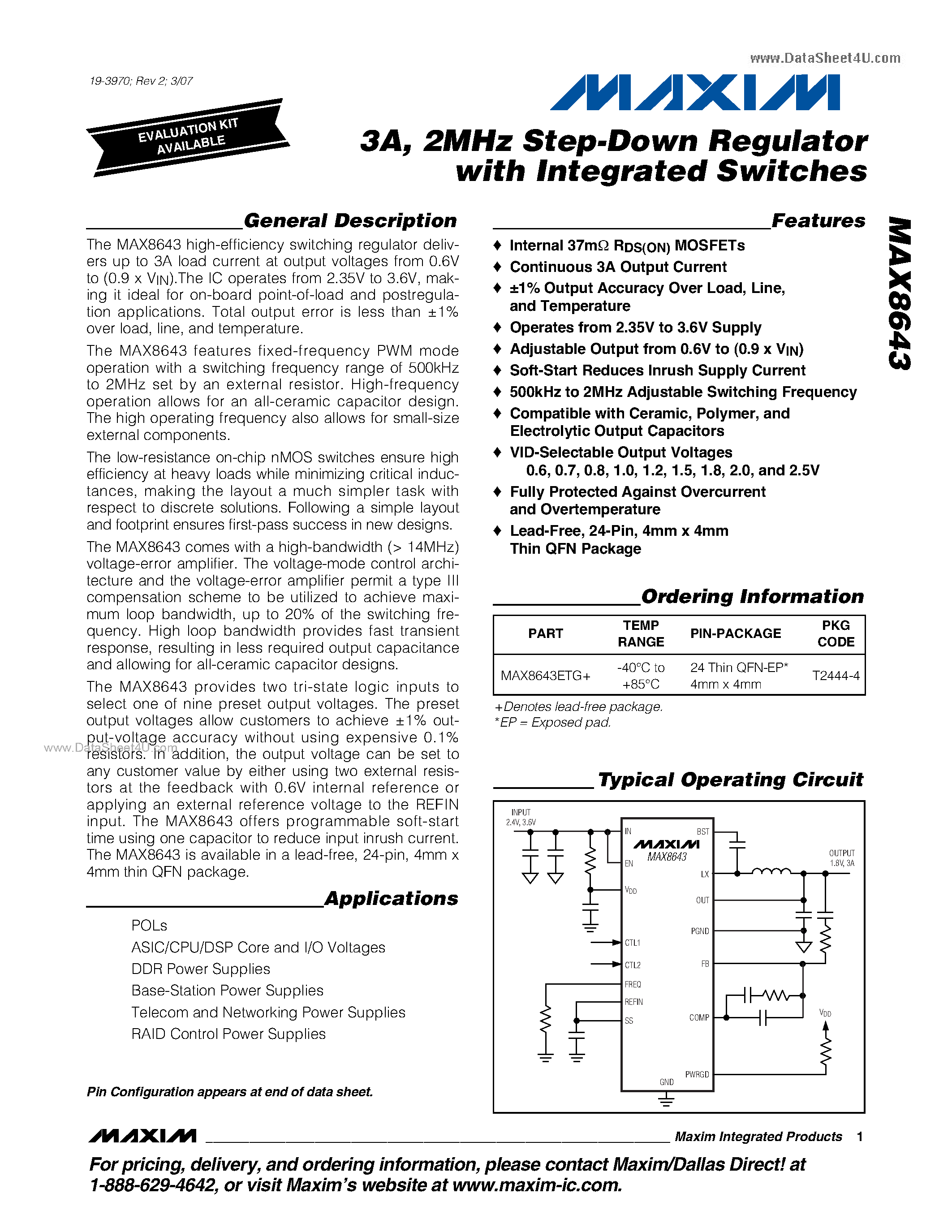 Datasheet MAX8643 - 2MHz Step-Down Regulator page 1