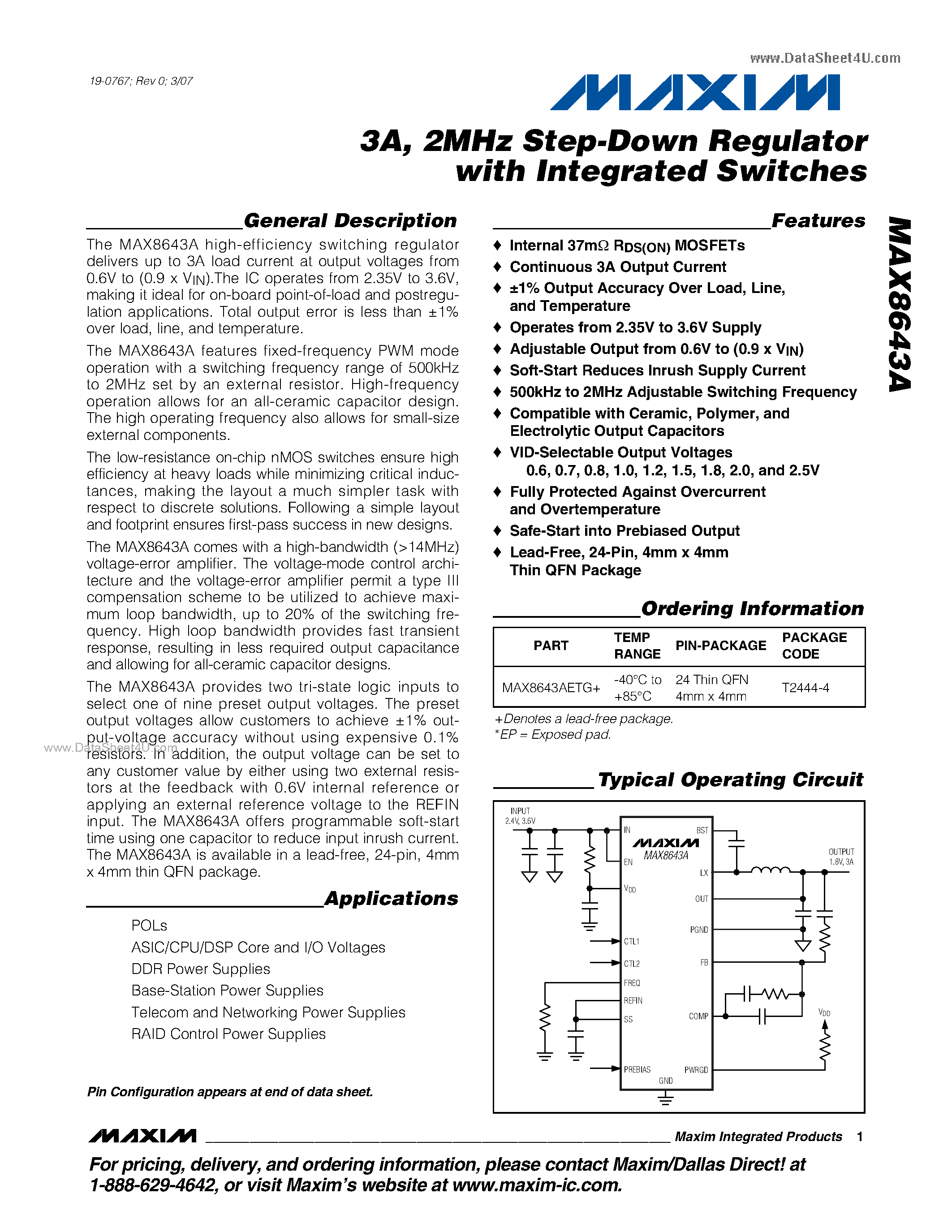 Datasheet MAX8643A - 2MHz Step-Down Regulator page 1