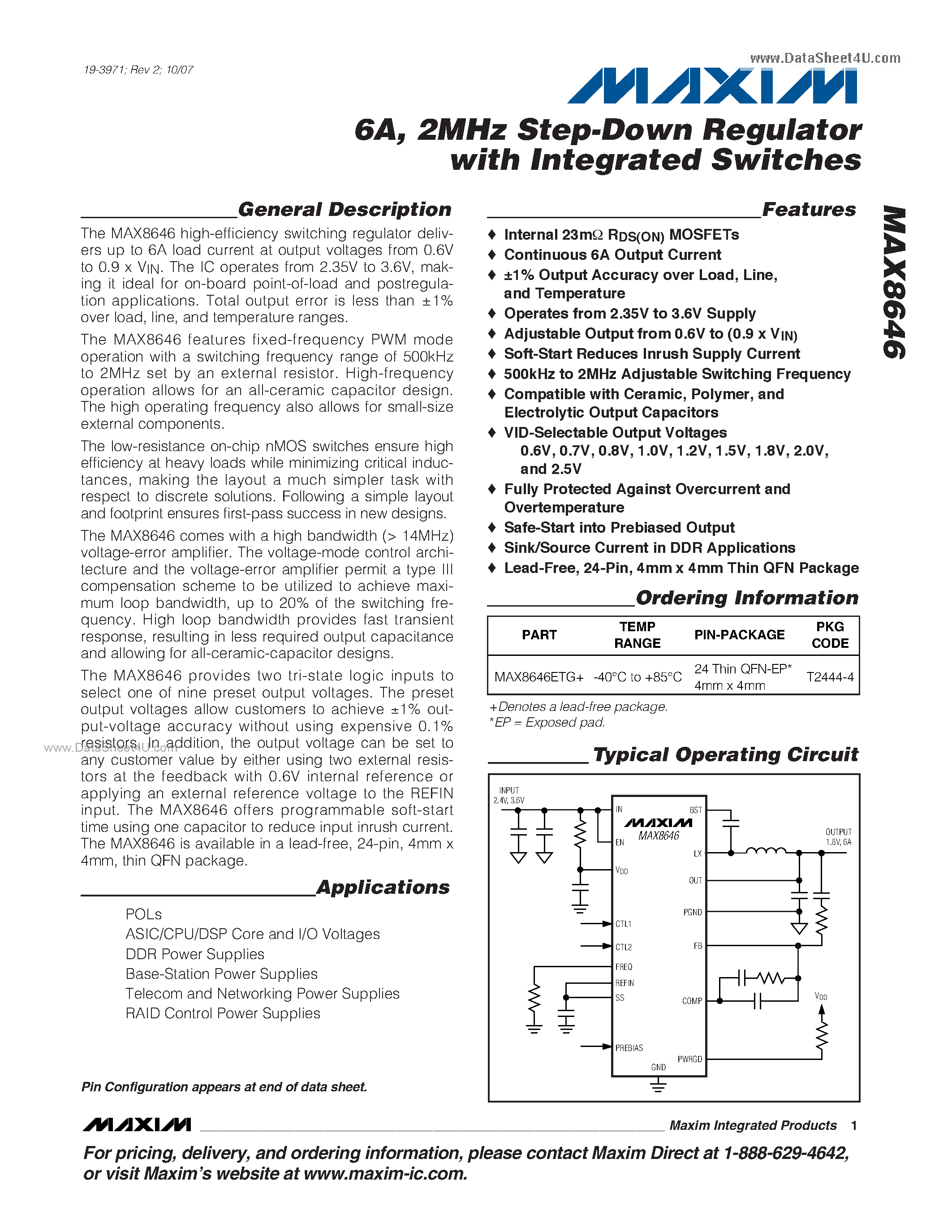 Datasheet MAX8646 - 2MHz Step-Down Regulator page 1