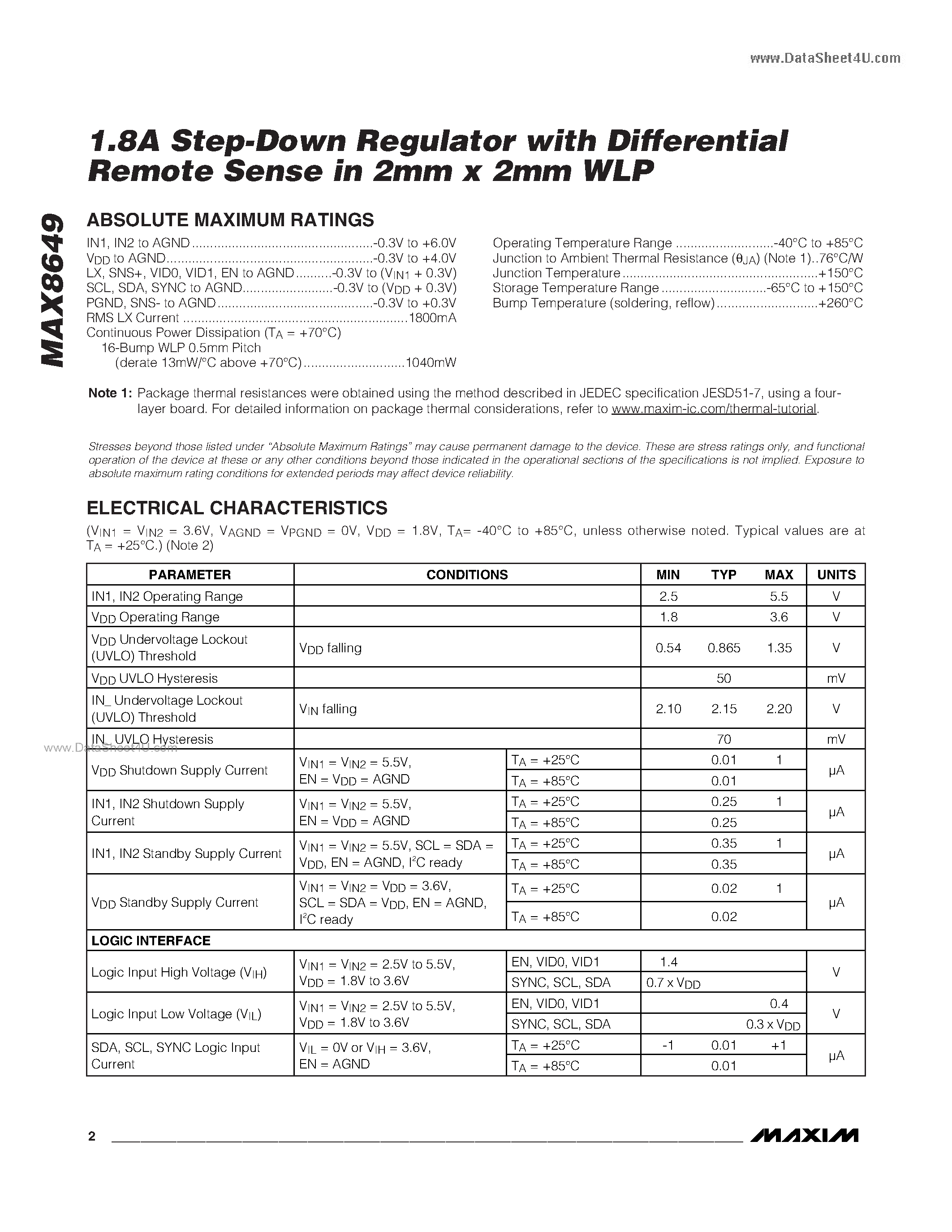 Datasheet MAX8649 - 1.8A Step-Down Regulator page 2
