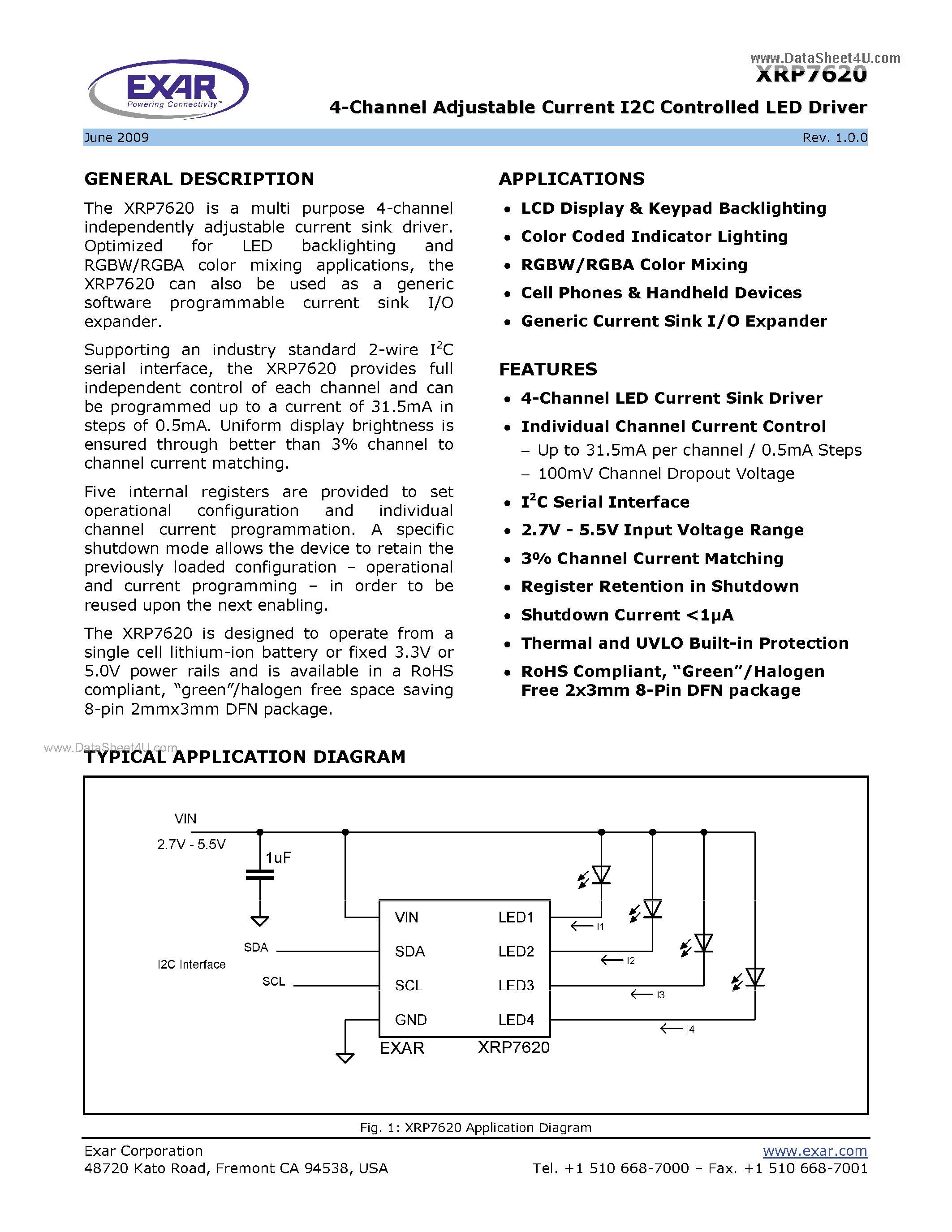 Даташит XRP7620 - 4-Channel Adjustable Current I2C Controlled LED Driver страница 1