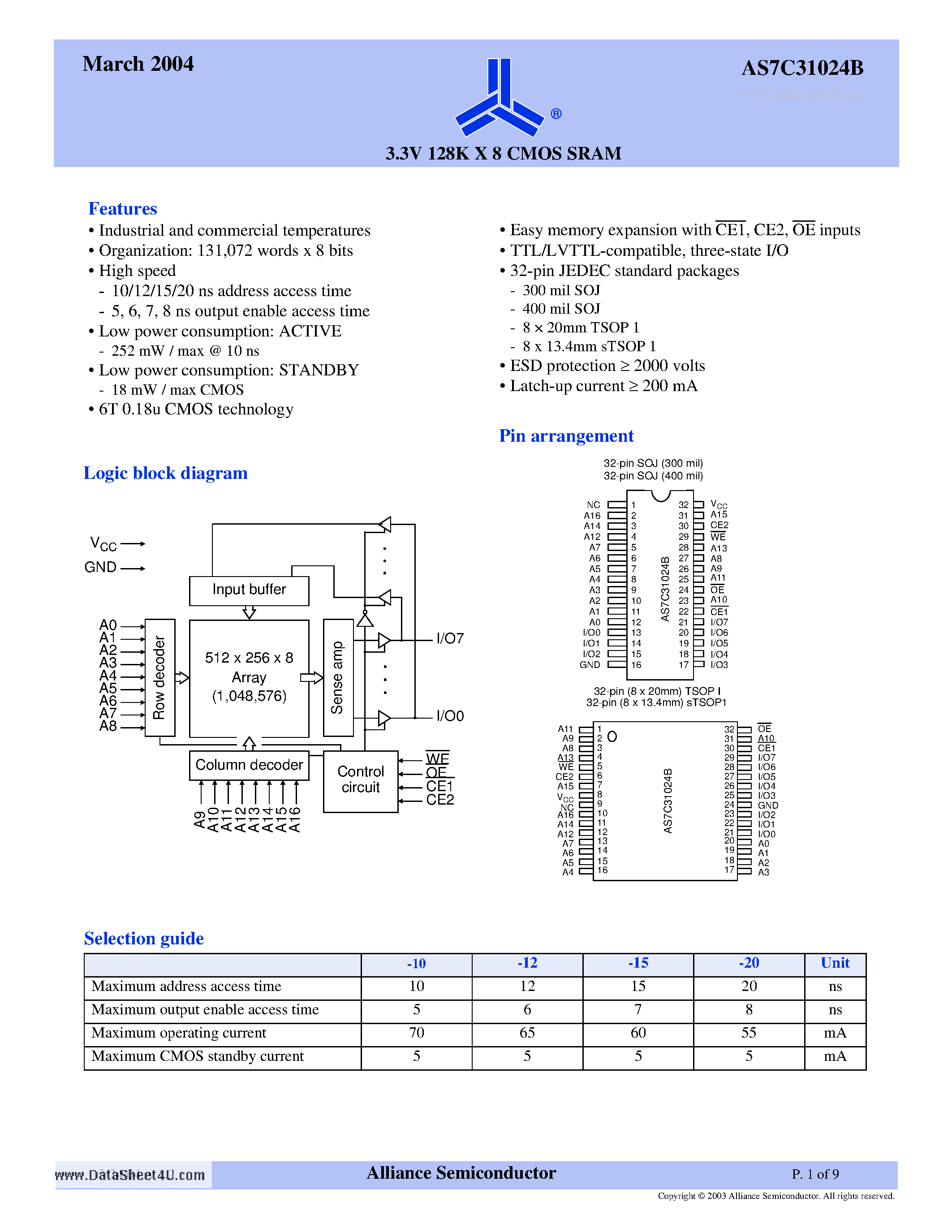 Datasheet AS7C31024B page 1 Datasheet AS7C31024B - 3.3V 128K X 8 CMOS SRAM page 1