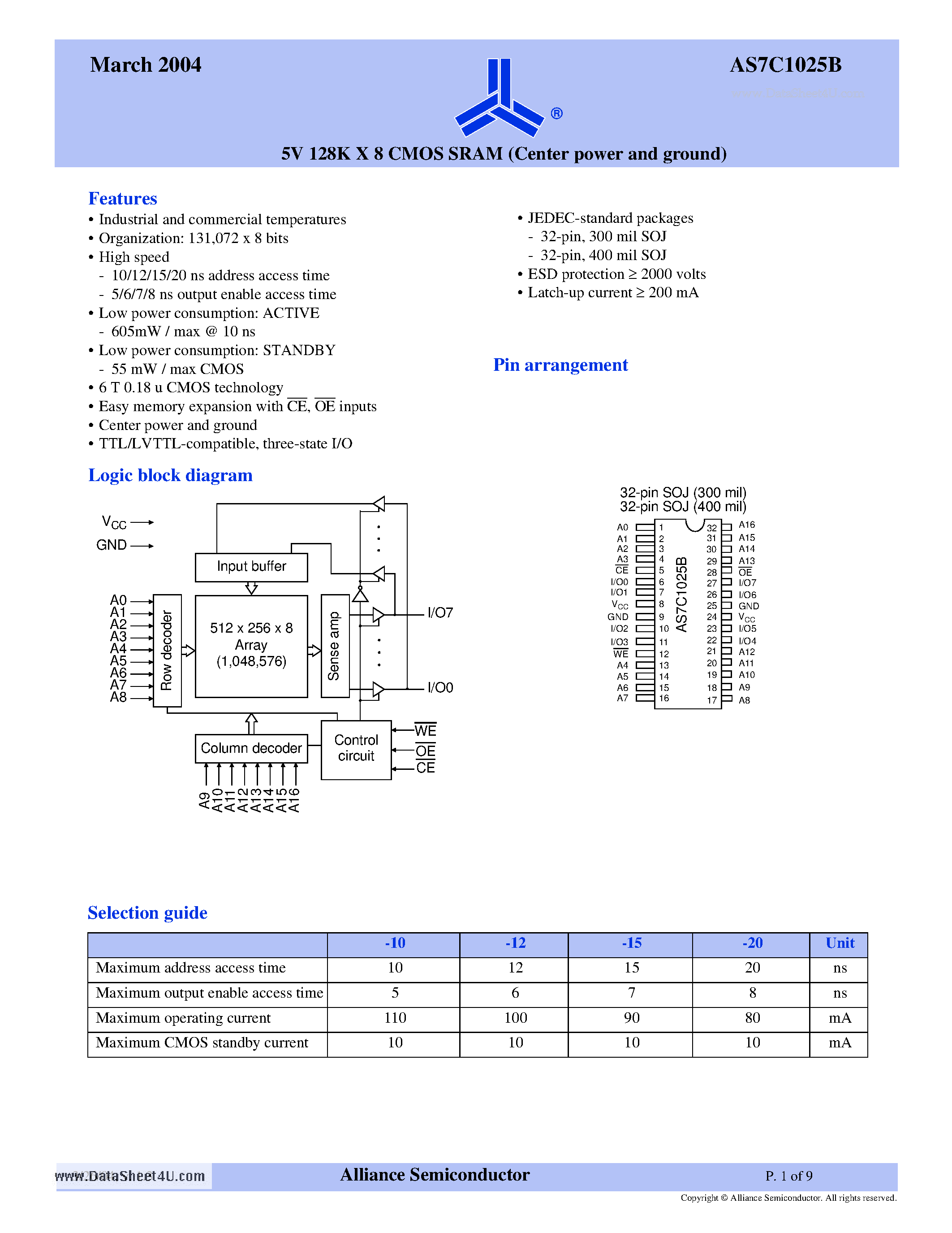 Даташит на микросхему AS7C1025B страница 1 Даташит AS7C1025B - 5V 128K X 8 CMOS SRAM страница 1