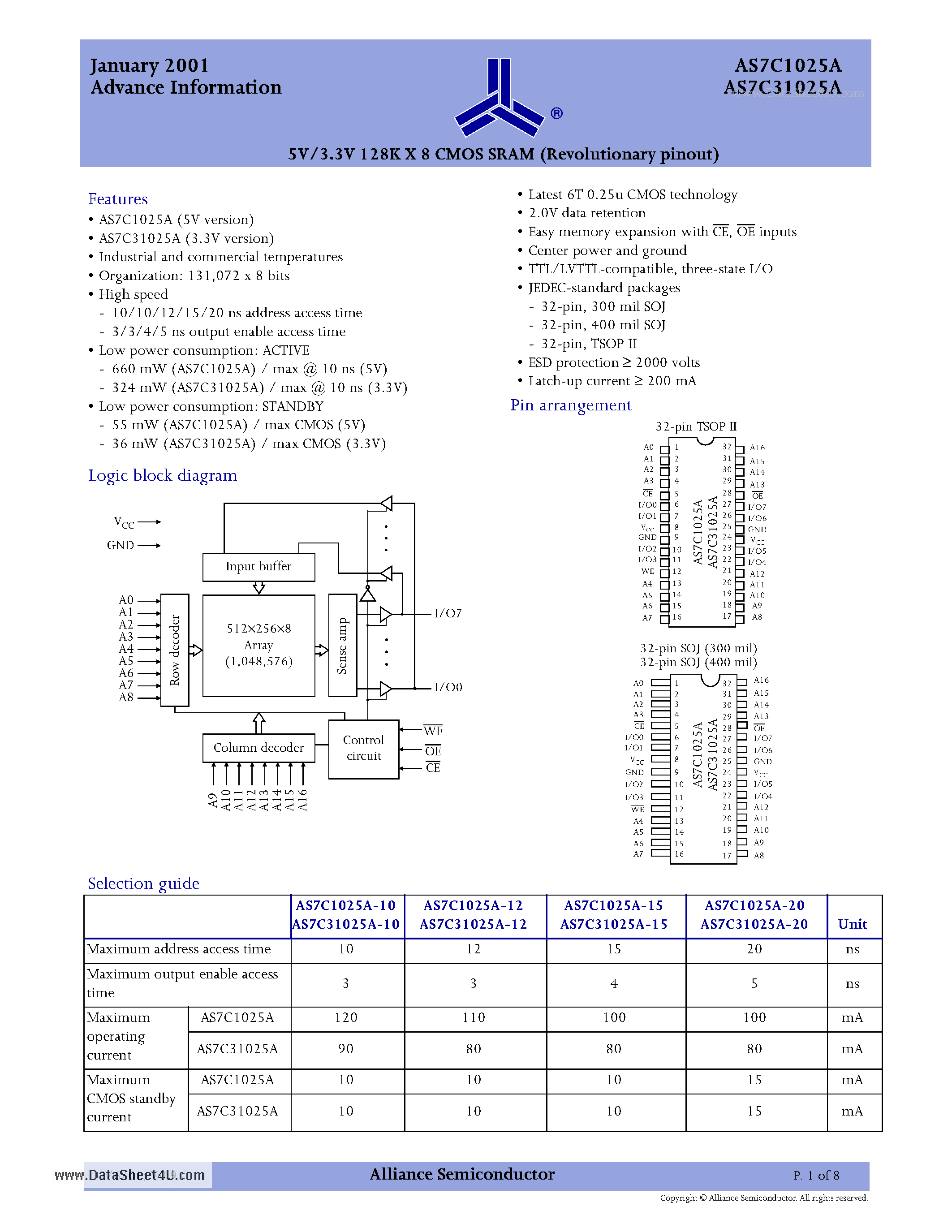 Datasheet AS7C1025A - 5V/3.3V 128K X 8 CMOS SRAM page 1