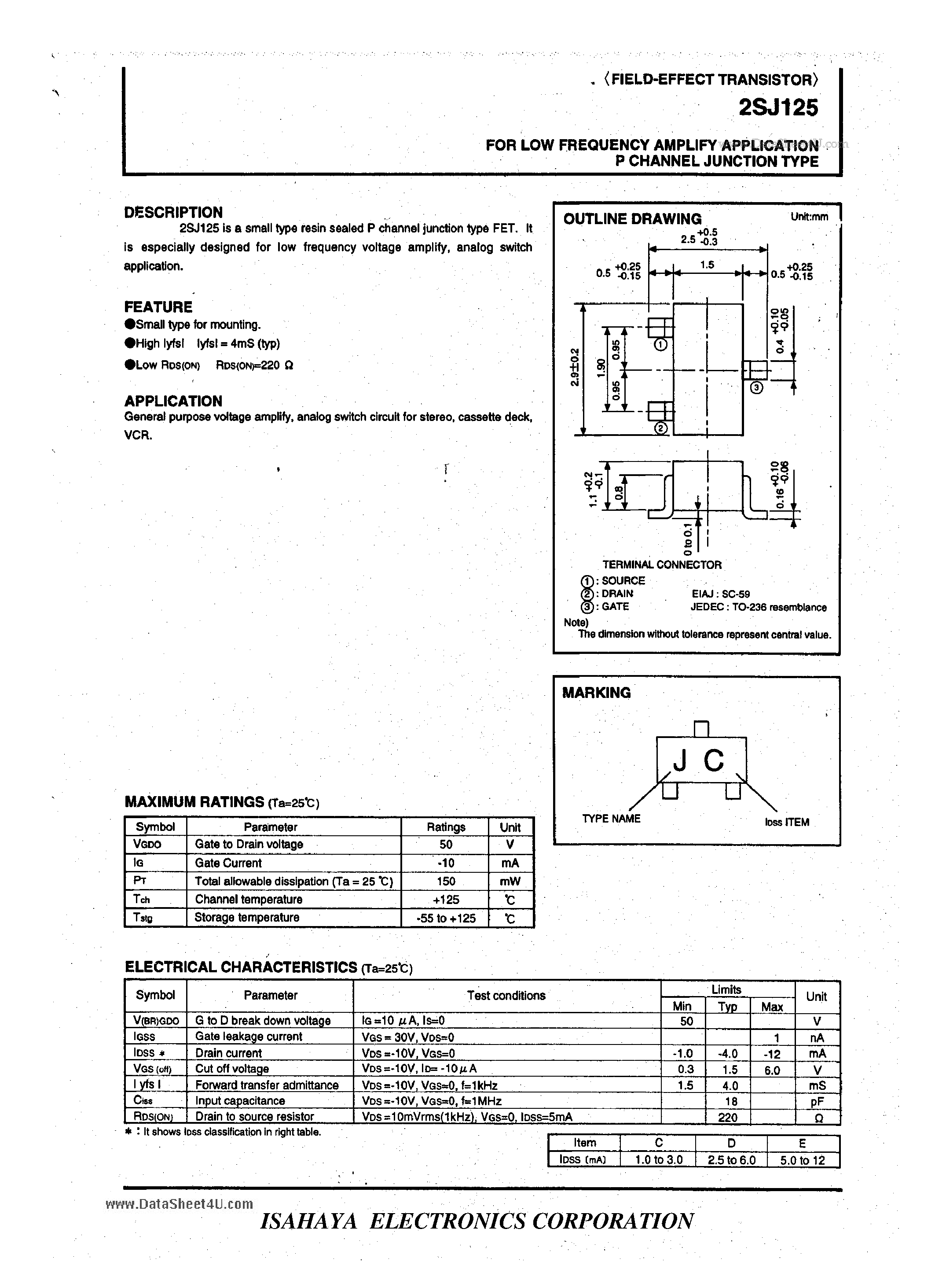 Datasheet 2SJ125 - FOR LOW FREQUENCY AMPLIFY APPLICATION P CHANNEL JUNCTION TYPE page 1