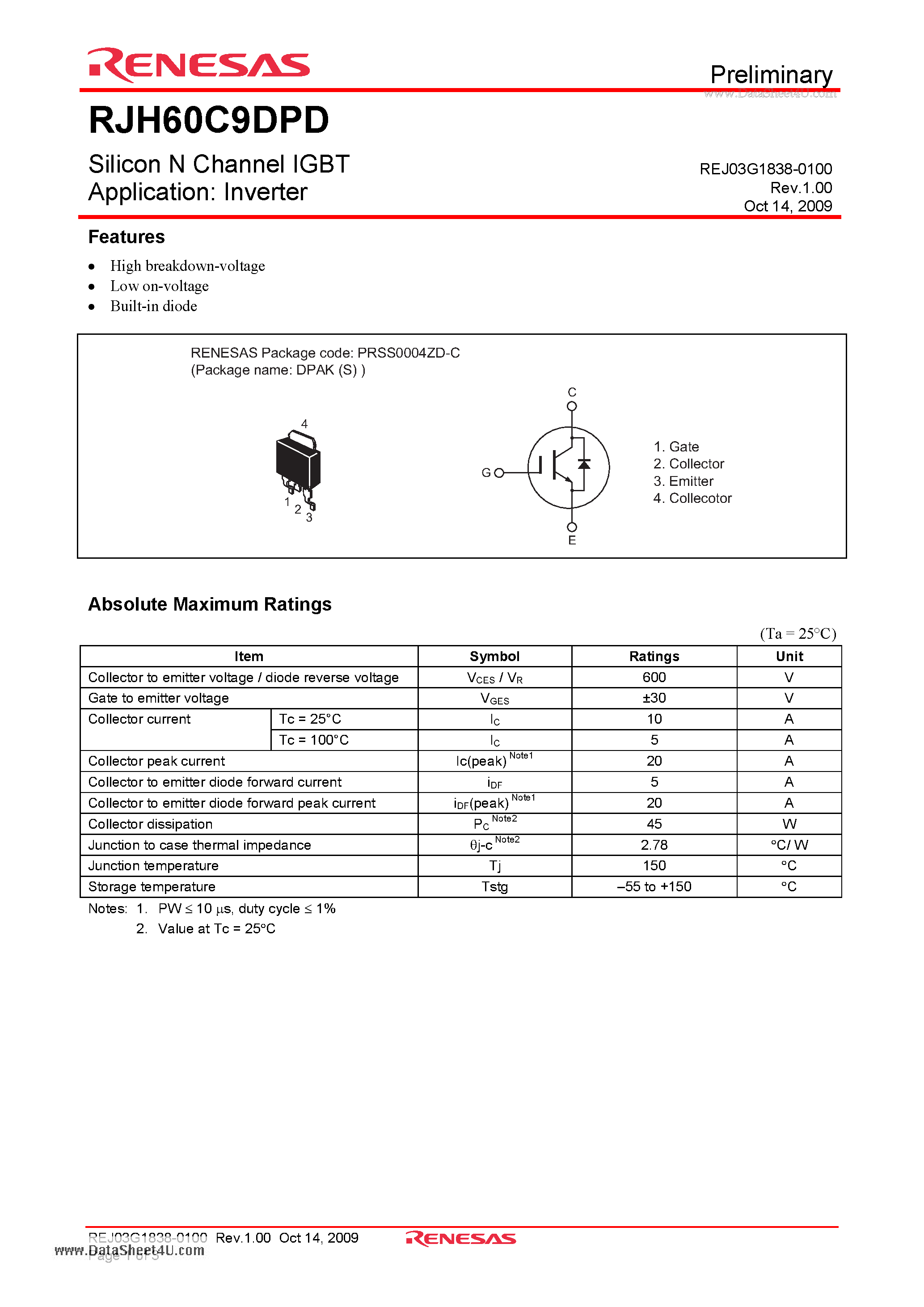 Datasheet RJH60C9DPD - Silicon N Channel IGBT page 1
