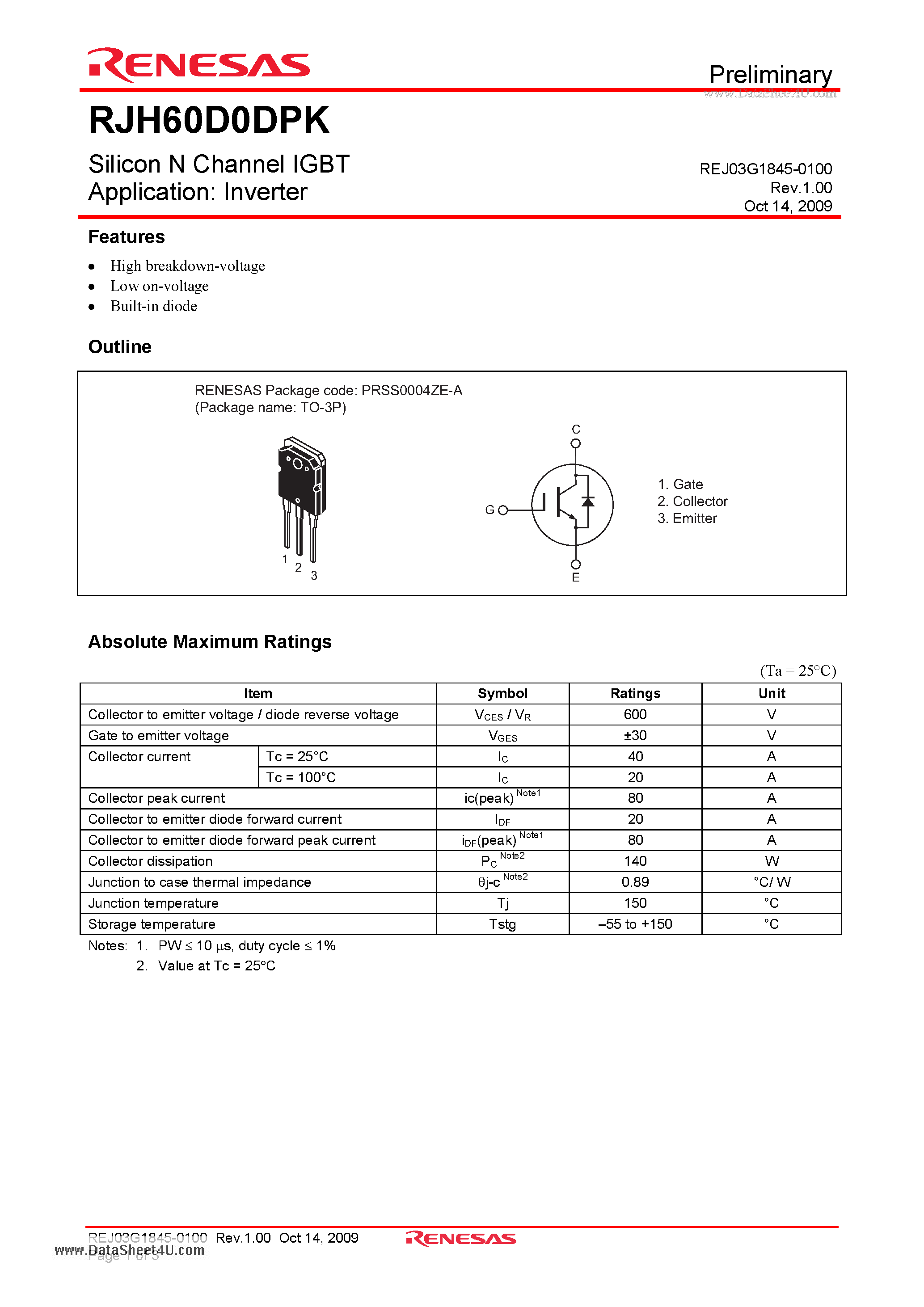 Datasheet RJH60D0DPK - Silicon N Channel IGBT page 1
