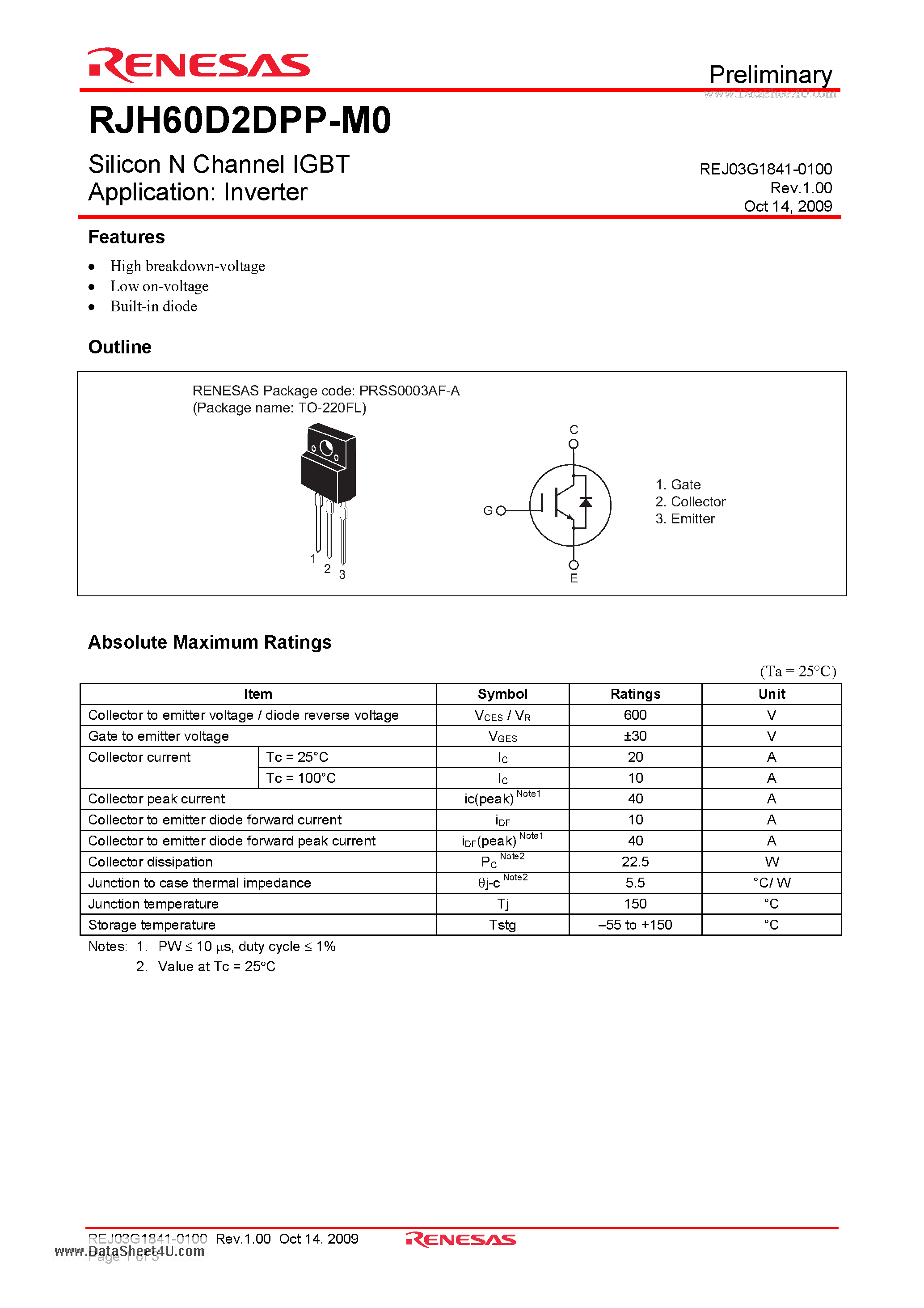 Datasheet RJH60D2DPP-M0 - Silicon N Channel IGBT page 1