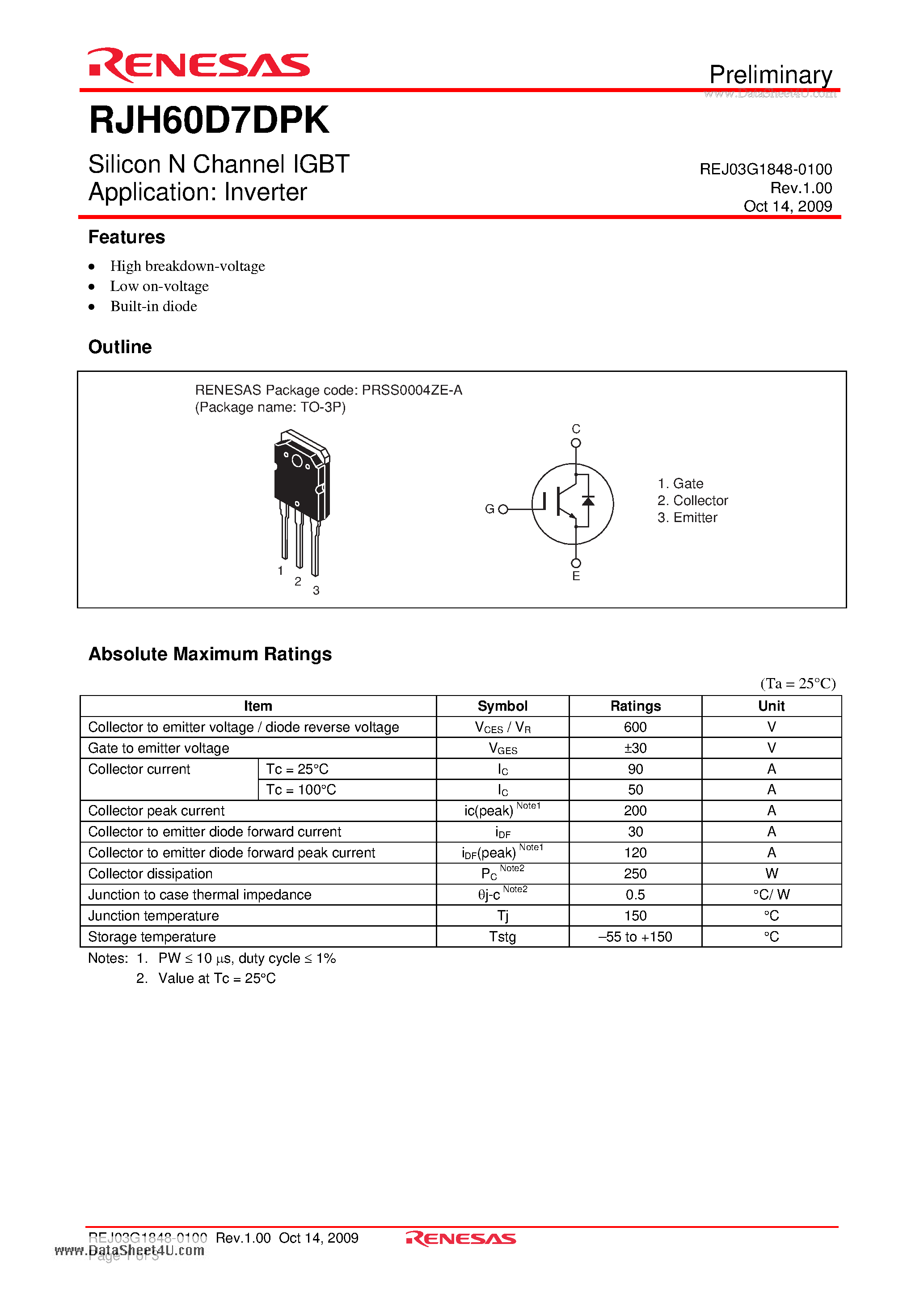 Даташит на микросхему RJH60D7DPK страница 1 Даташит RJH60D7DPK - Silicon N Channel IGBT страница 1