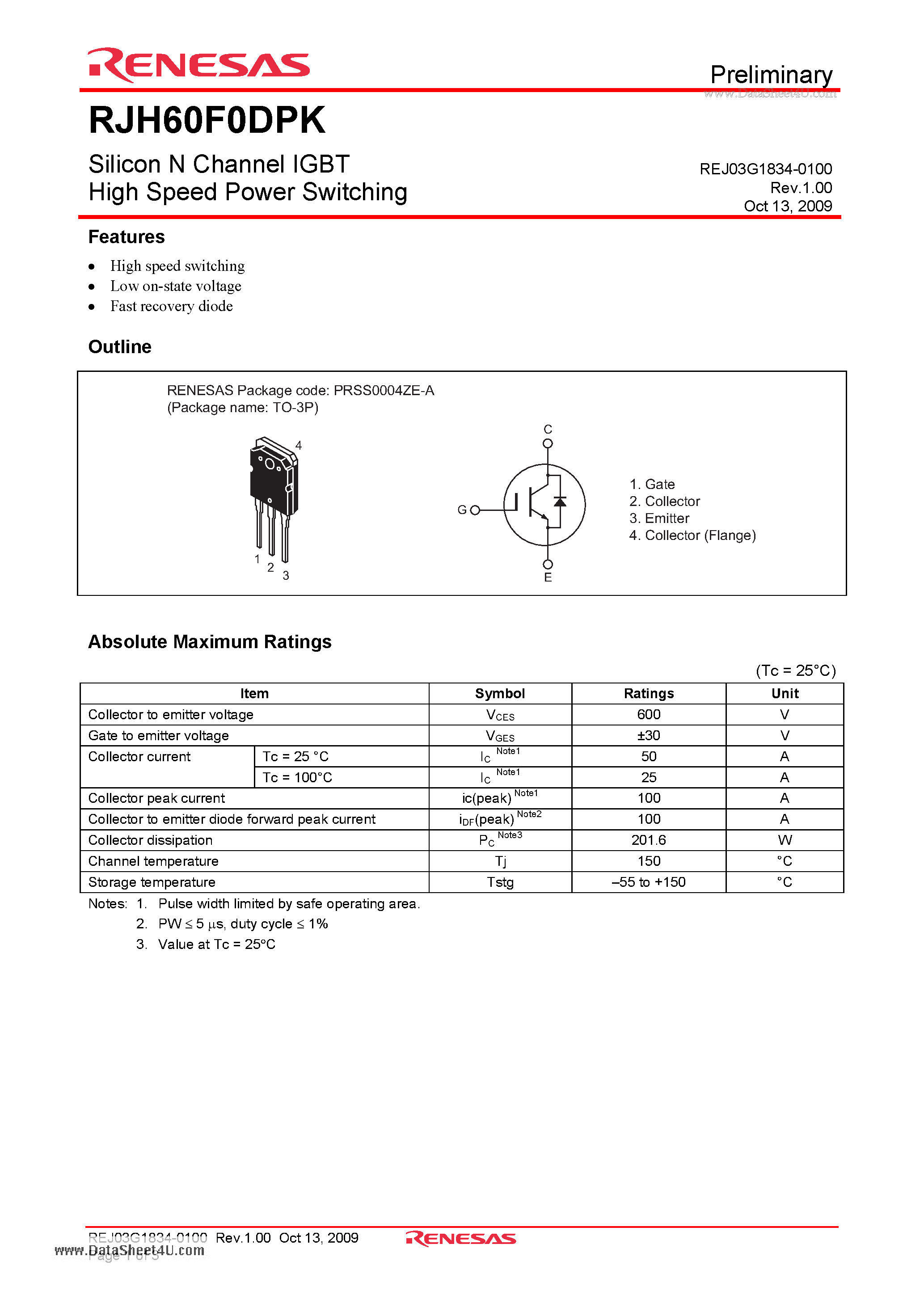 Даташит на микросхему RJH60F0DPK страница 1 Даташит RJH60F0DPK - Silicon N Channel IGBT страница 1