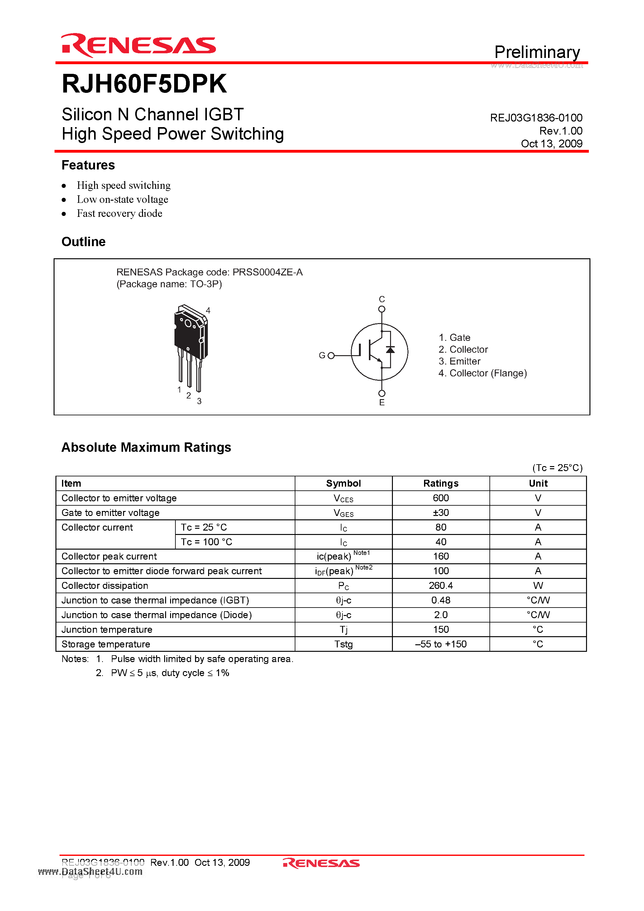 Даташит на микросхему RJH60F5DPK страница 1 Даташит RJH60F5DPK - Silicon N Channel IGBT страница 1