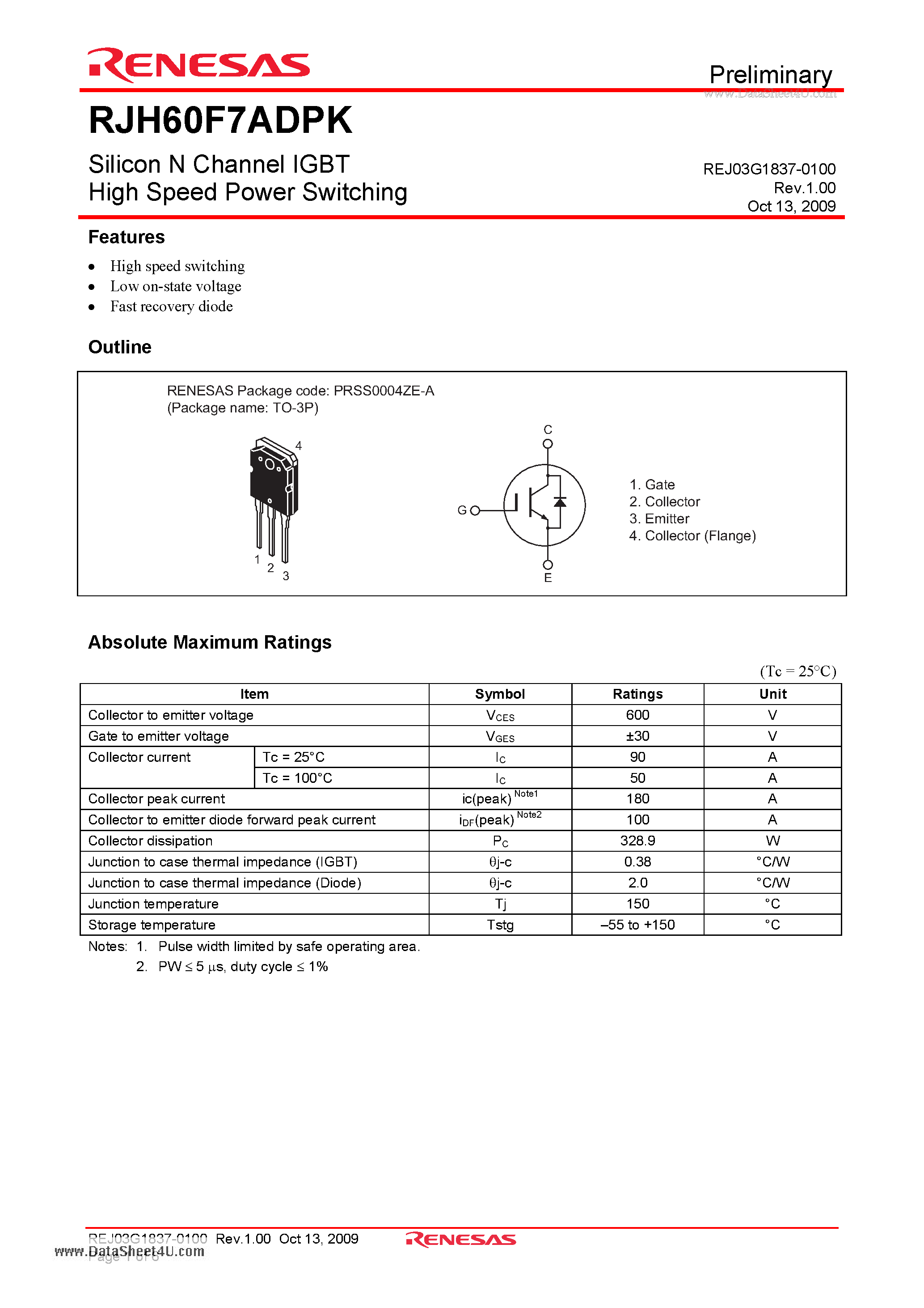 Datasheet RJH60F7ADPK page 1 Datasheet RJH60F7ADPK - Silicon N Channel IGBT page 1