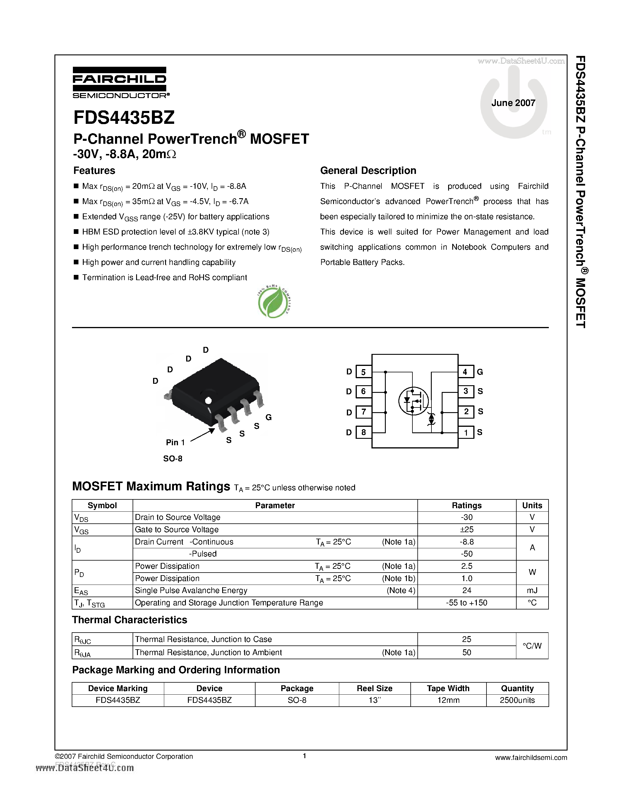 Datasheet FDS4435BZ page 1 Datasheet FDS4435BZ - P-Channel PowerTrench MOSFET page 1