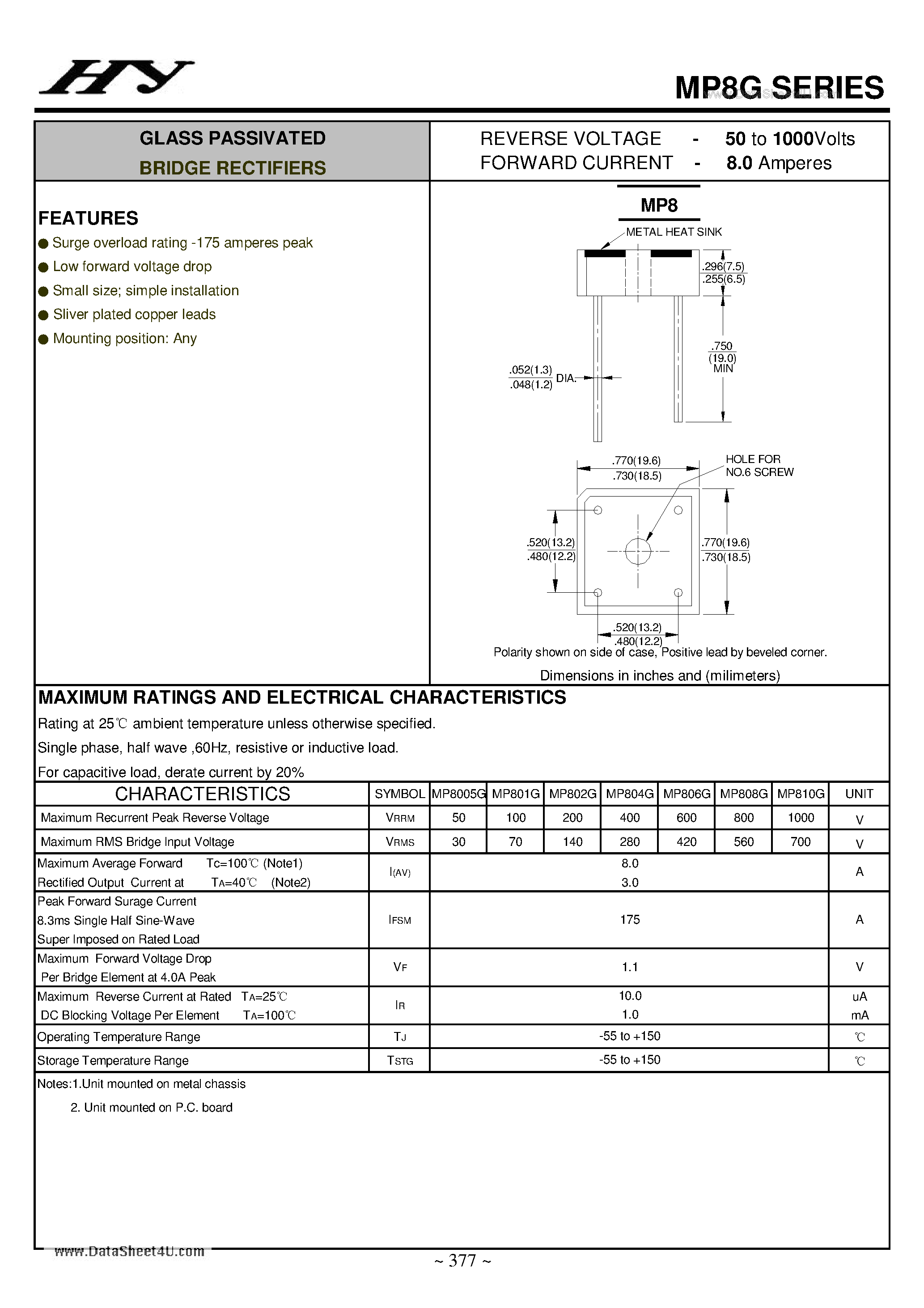 Datasheet MP8005G - GLASS PASSIVATED BRIDGE RECTIFIERS page 1