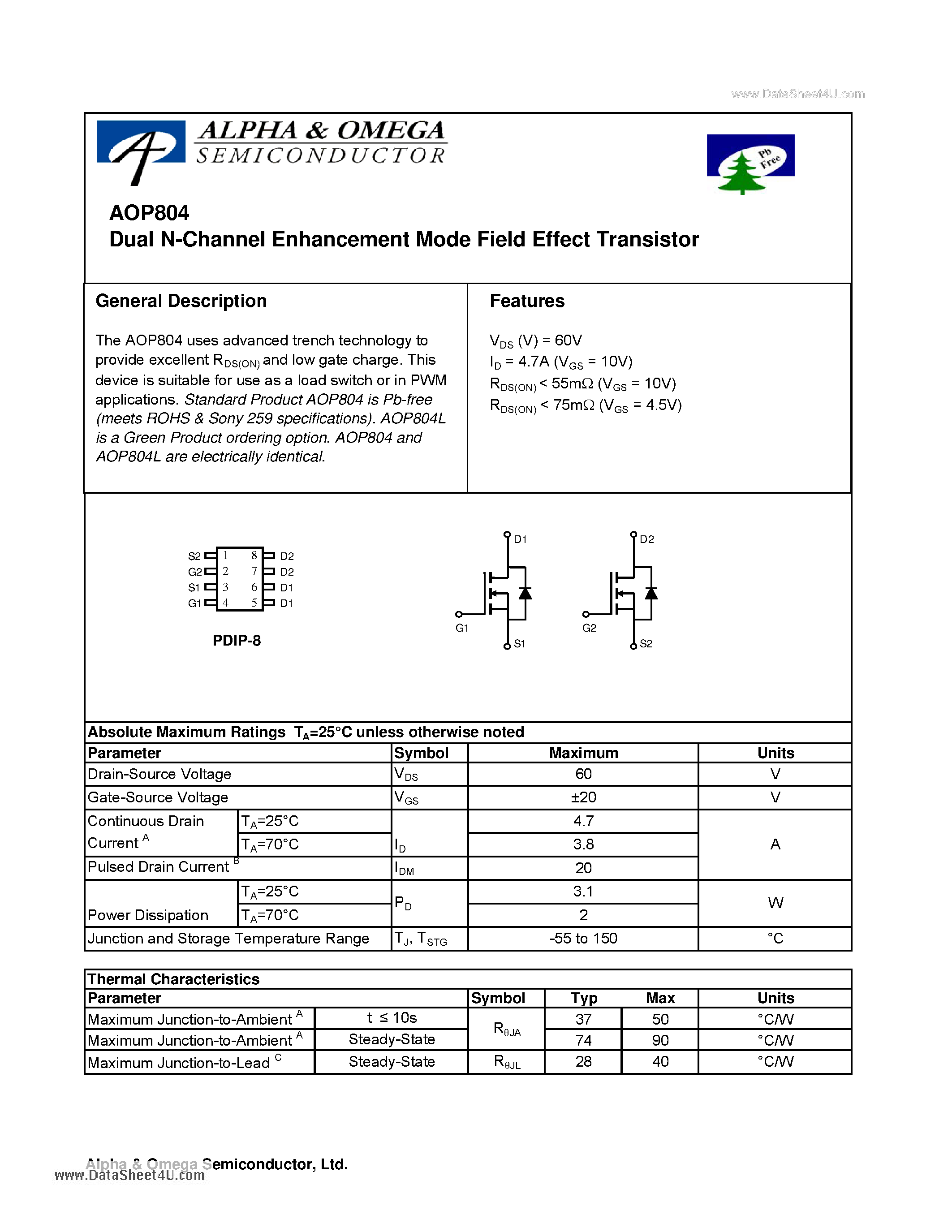 Datasheet AOP804 - Dual N-Channel Enhancement Mode Field Effect Transistor page 1