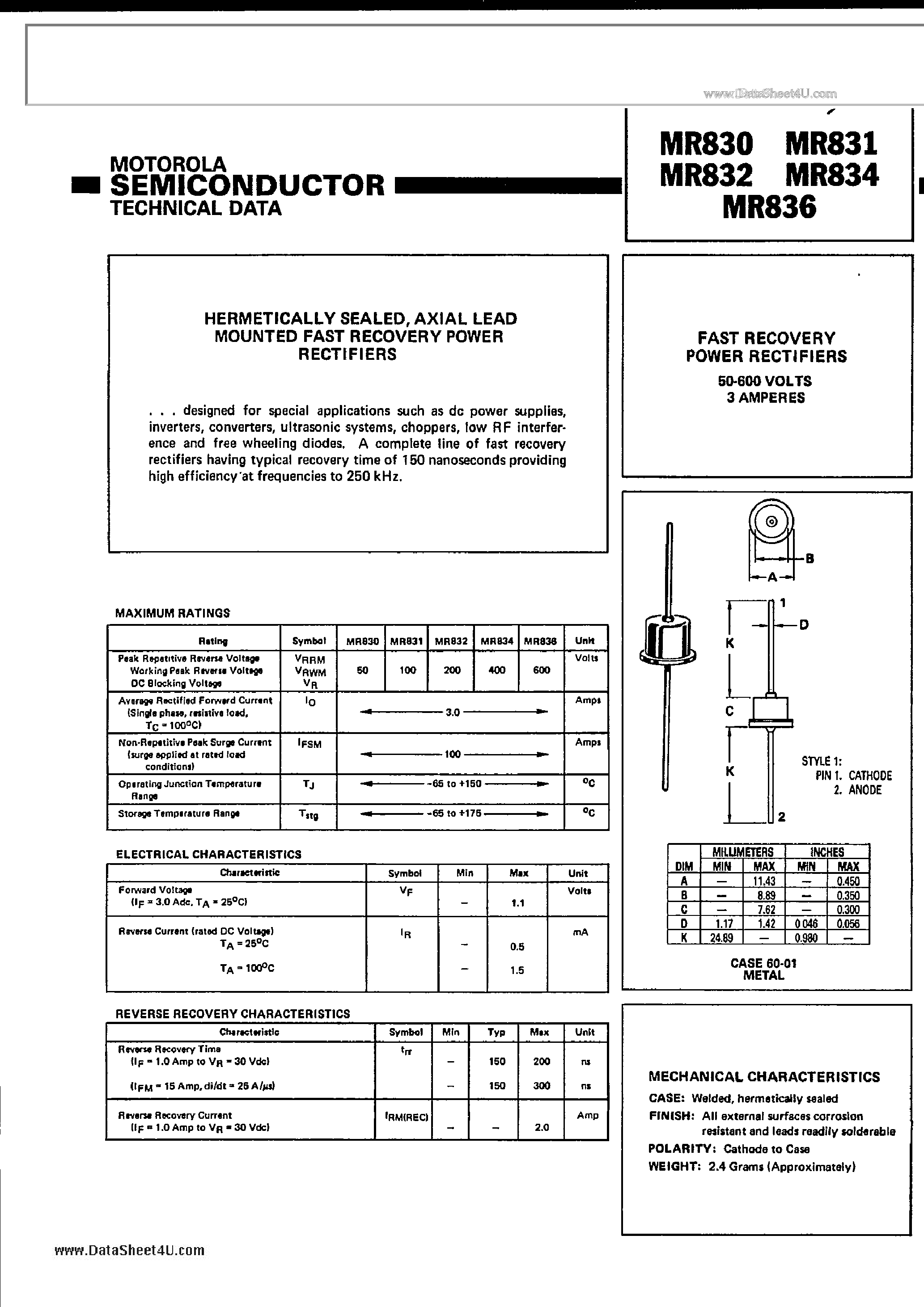Даташит MR830 - (MR830 - MR836) 600V Vrrm Fast Recovery Rectifier страница 1