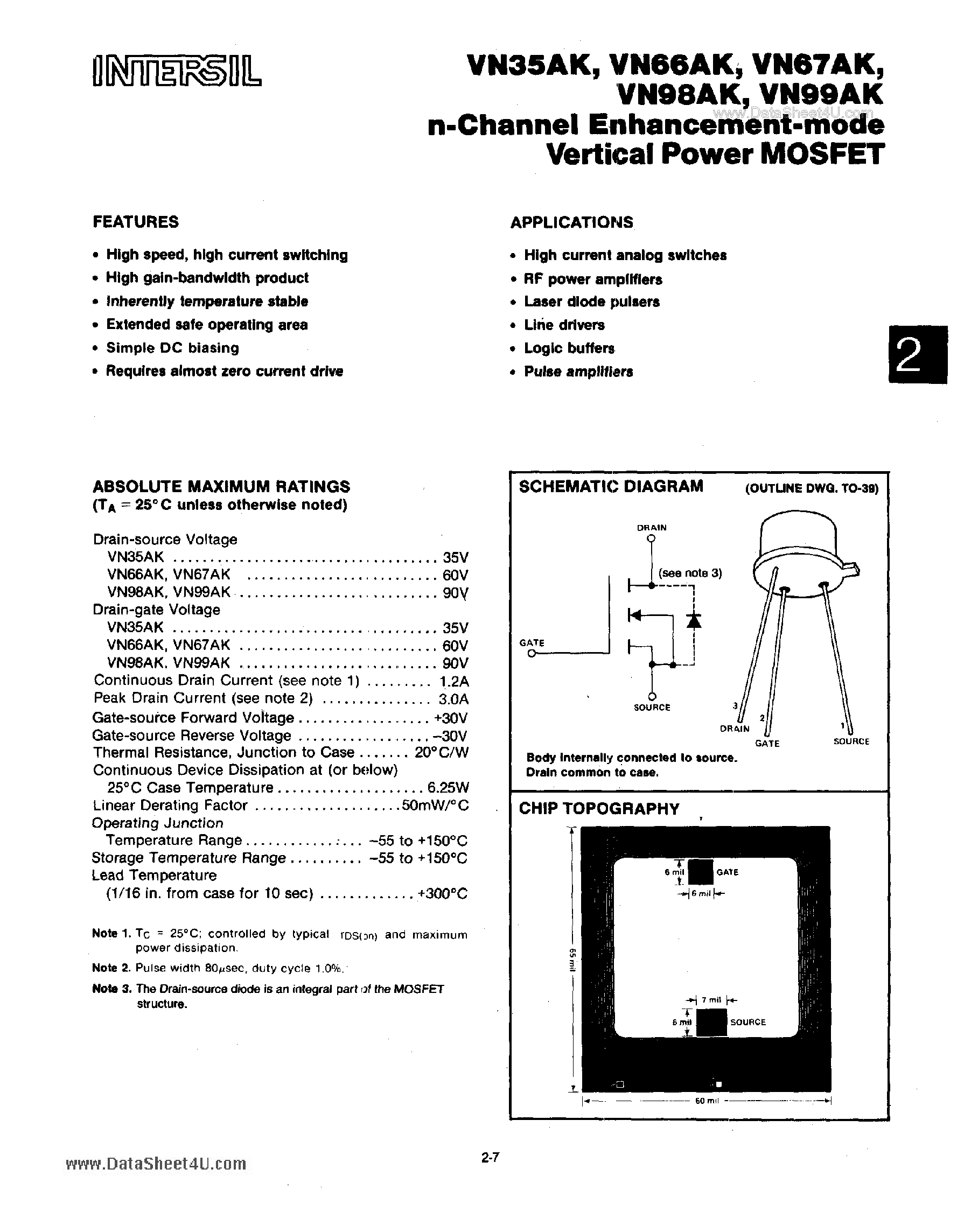 Datasheet VN66AK page 1 Datasheet VN66AK - (VN66AK / VN67AK) N-Channel Enhancement Mode Vertical Power MOSFET page 1