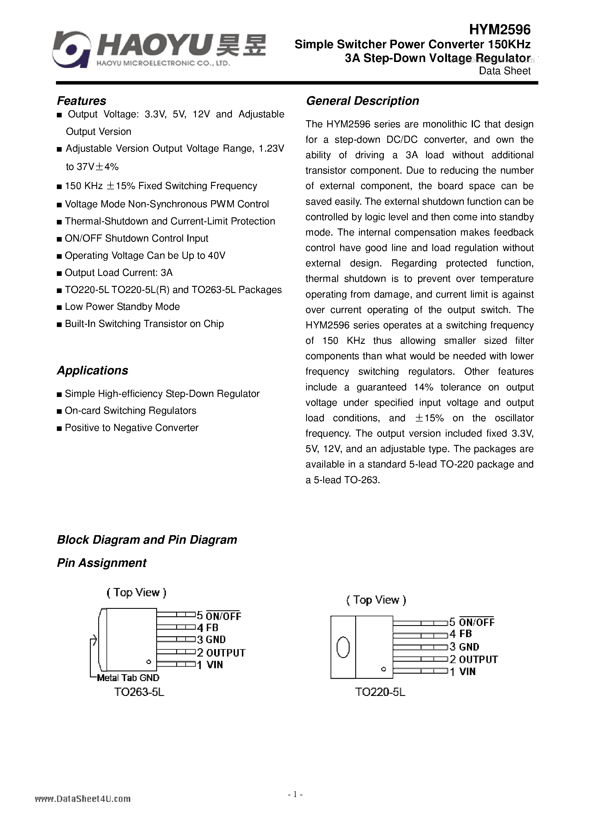 Даташит на микросхему HYM2596 страница 1 Даташит HYM2596 - Simple Switcher Power Converter 150KHz 3A Step-Down Voltage Regulator страница 1