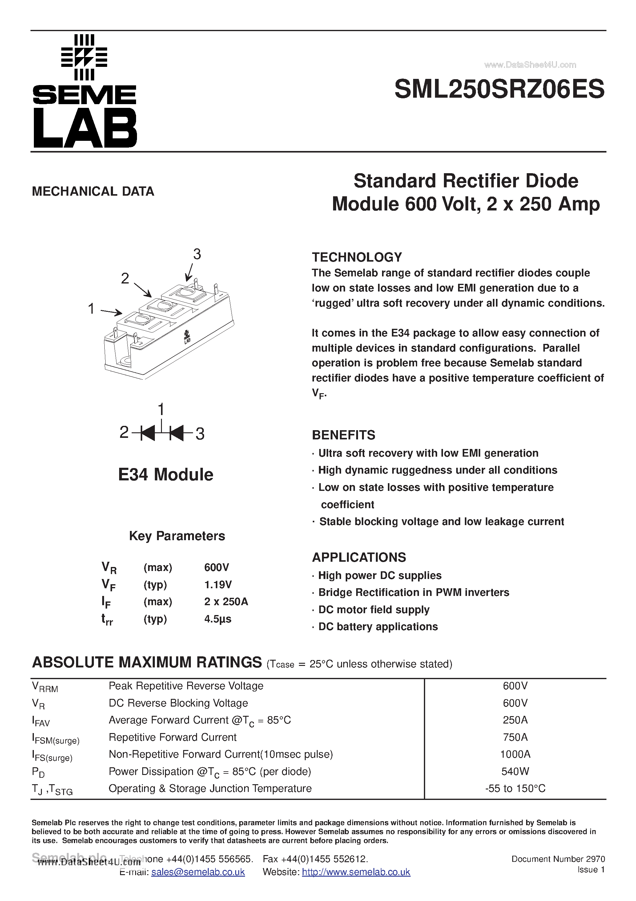 Даташит на микросхему SML250SRZ06ES страница 1 Даташит SML250SRZ06ES - Standard Rectifier Diode Module страница 1