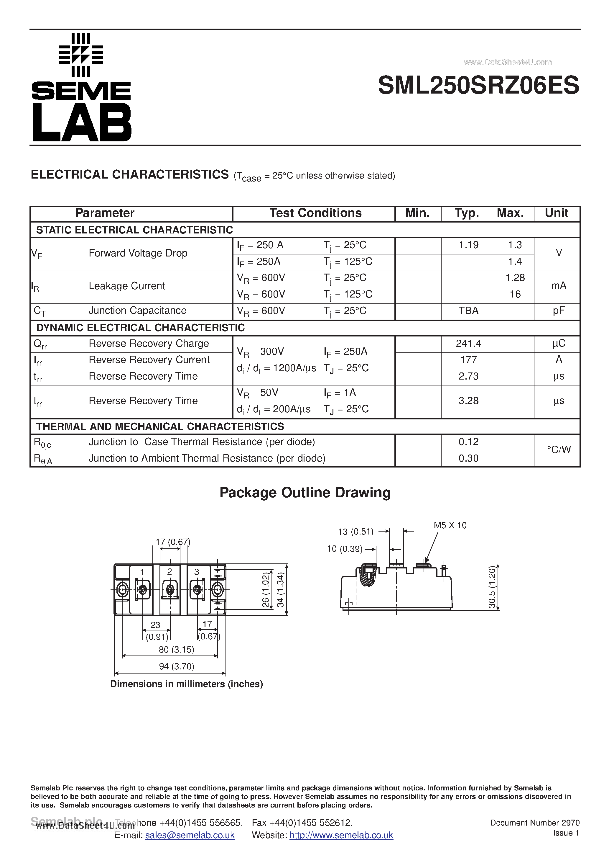 Даташит на микросхему SML250SRZ06ES страница 2 Даташит SML250SRZ06ES - Standard Rectifier Diode Module страница 2