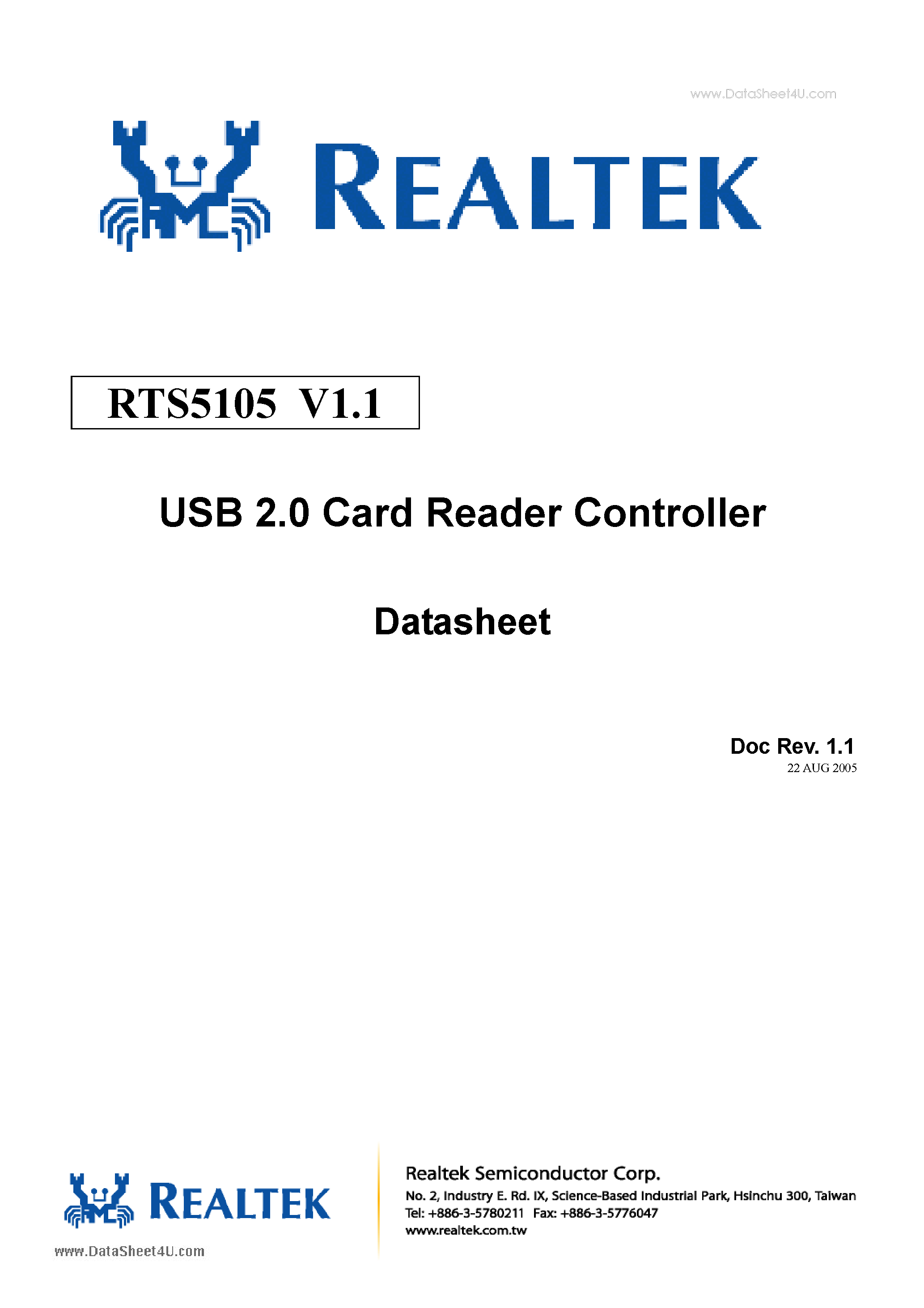 Datasheet RTS5105 - USB 2.0 Card Reader Controller page 1