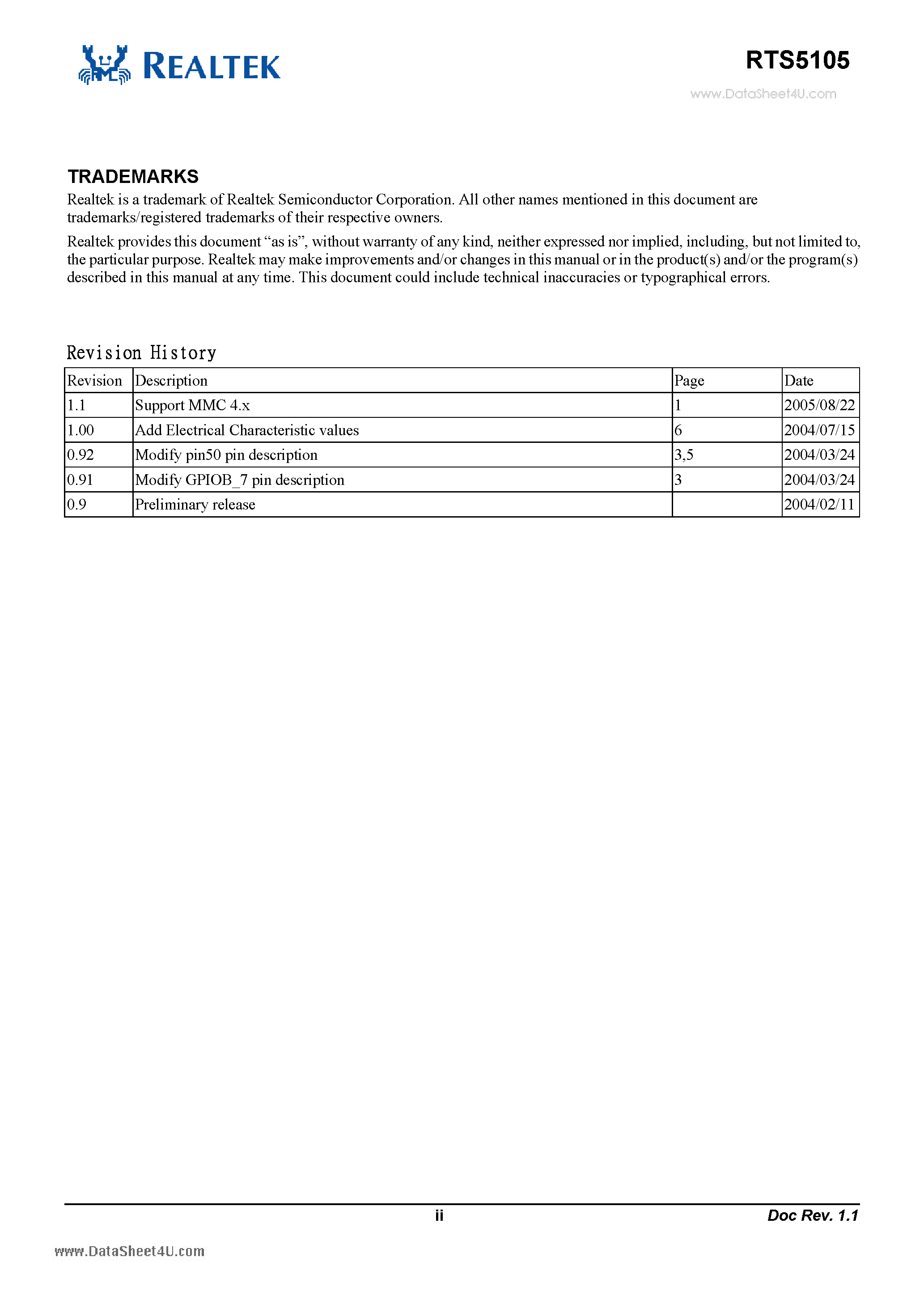 Datasheet RTS5105 - USB 2.0 Card Reader Controller page 2