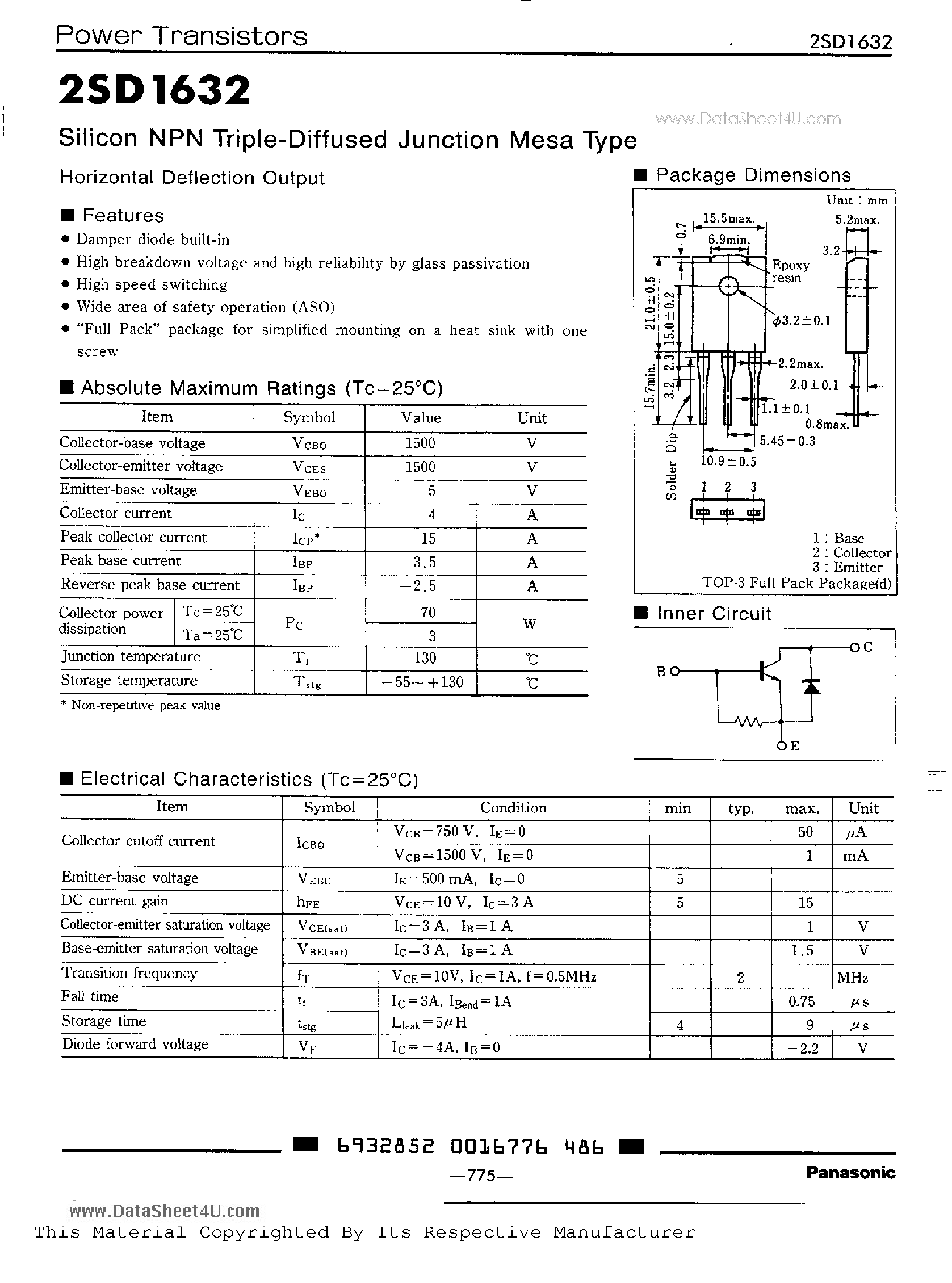Datasheet 2SD1632 - Horizontal Deflection Output page 1