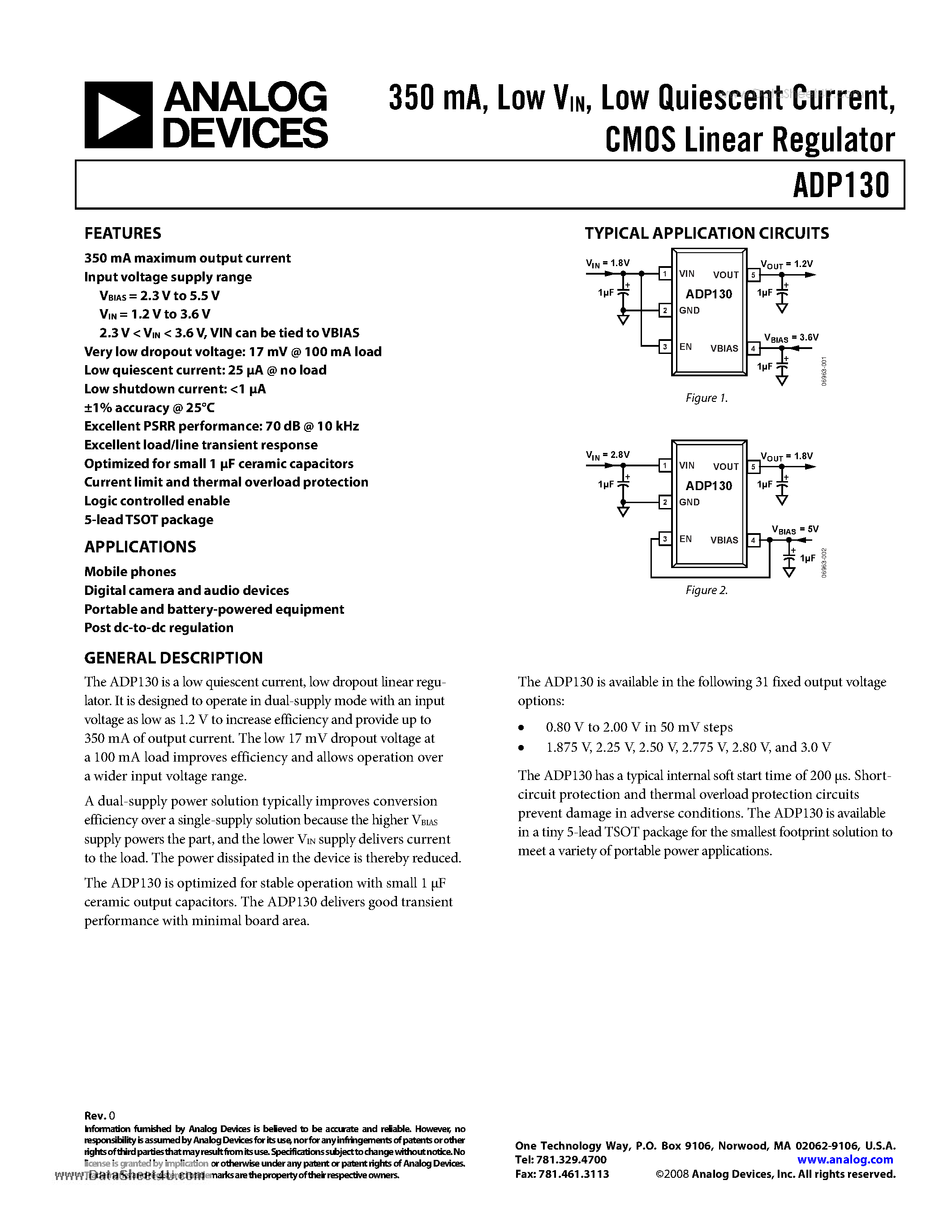 Datasheet ADP130 - CMOS Linear Regulator page 1