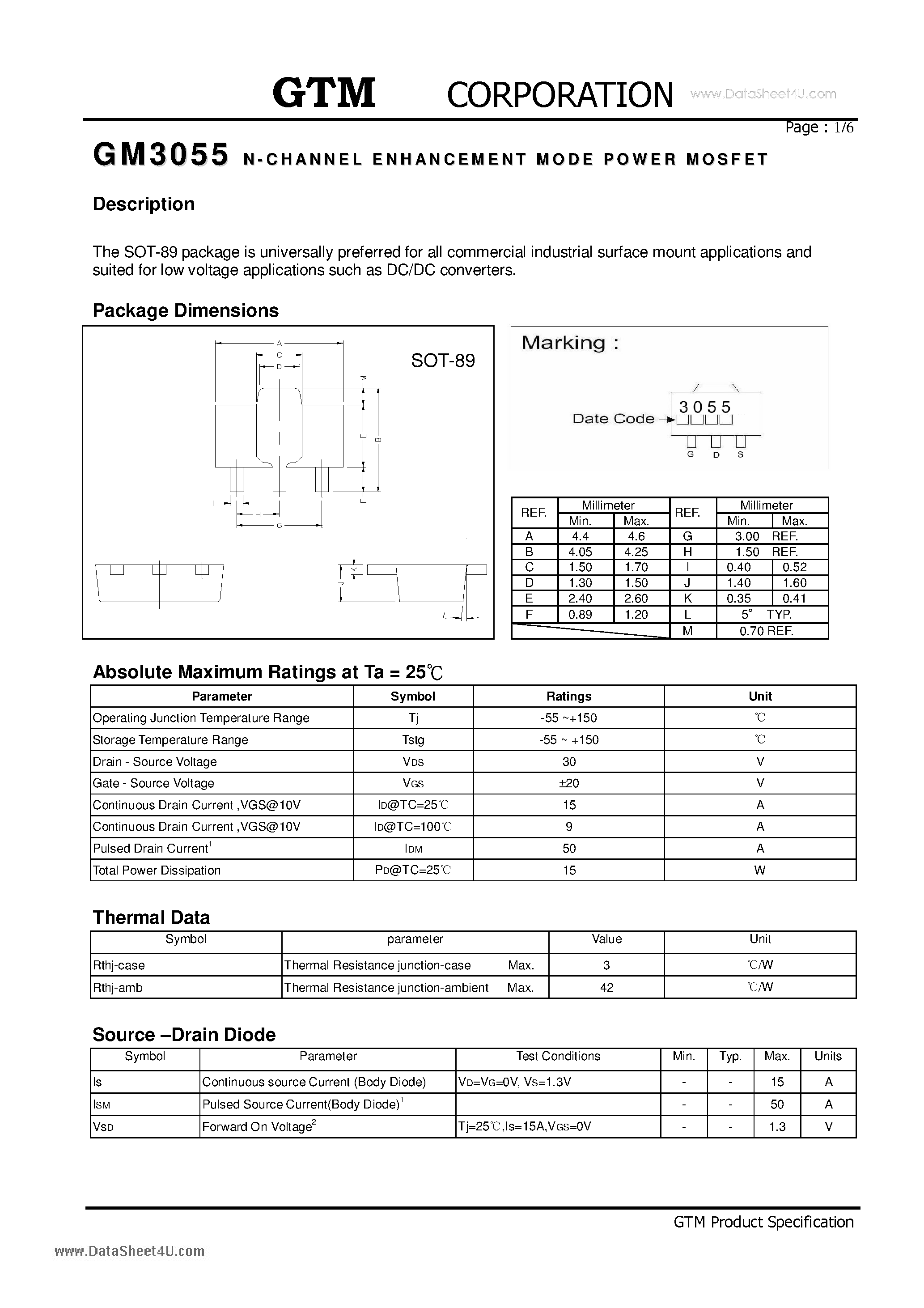 Datasheet GM3055 page 1 Datasheet GM3055 - N-CHANNEL ENHANCEMENT MODE POWER MOSFET page 1