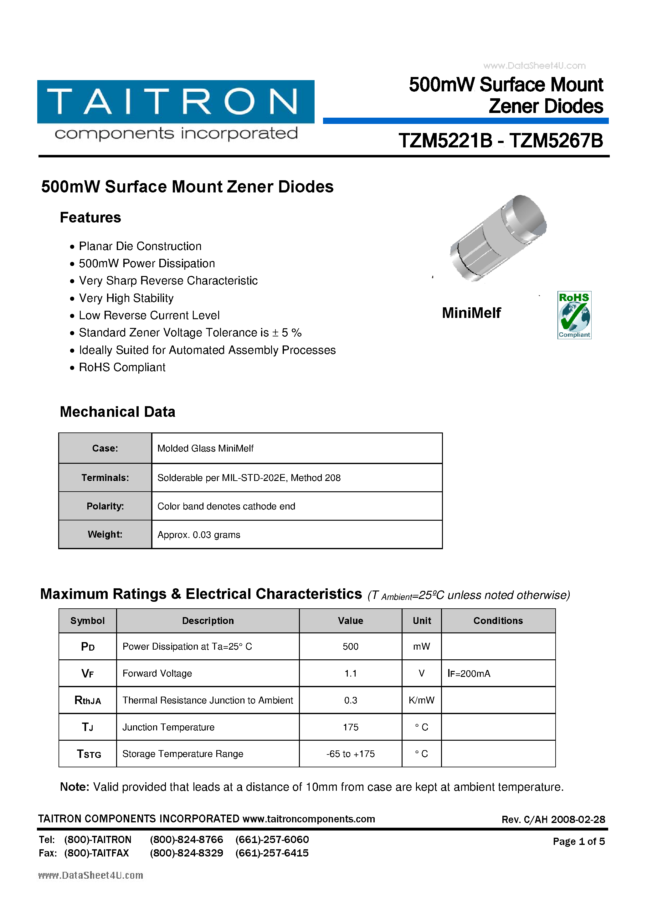Даташит TZM5221B - (TZM5221B - TZM5267B) 500mW Surface Mount Zener Diodes страница 1