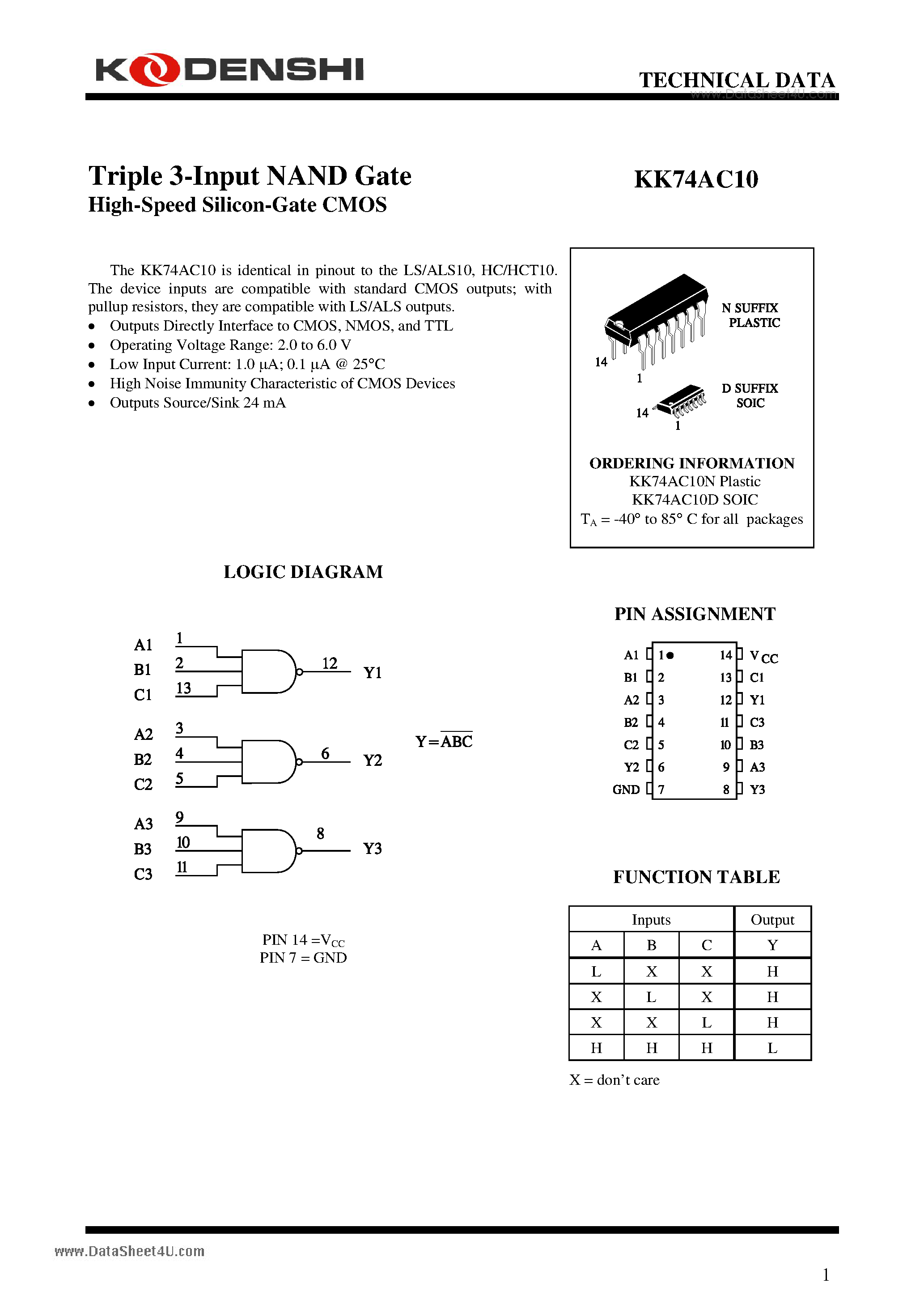 Datasheet KK74AC10 - Triple 3-Input NAND Gate High-Speed Silicon-Gate CMOS page 1