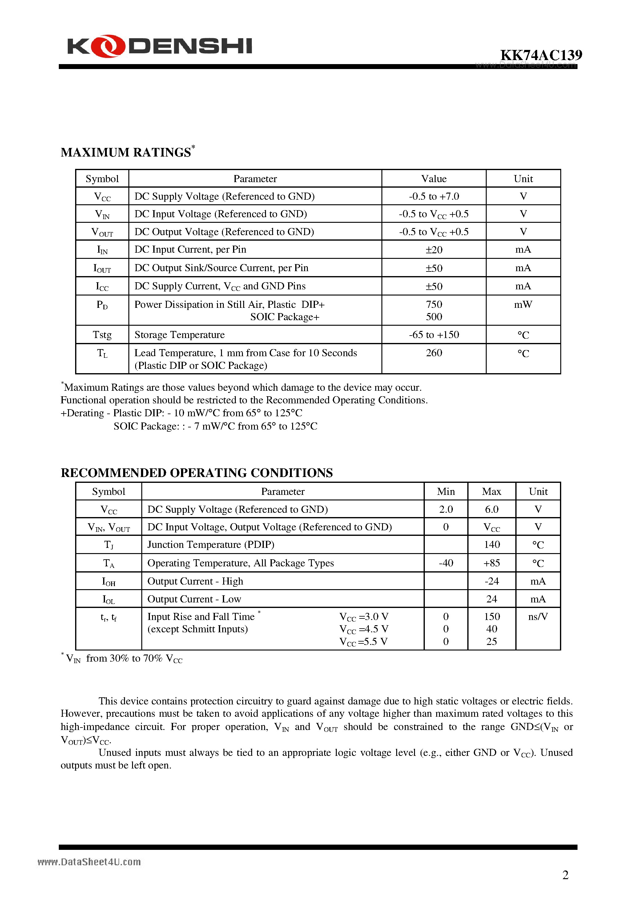 Datasheet KK74AC139 - Dual 1-of-4 Decoder/Demultiplexer High-Speed Silicon-Gate CMOS page 2