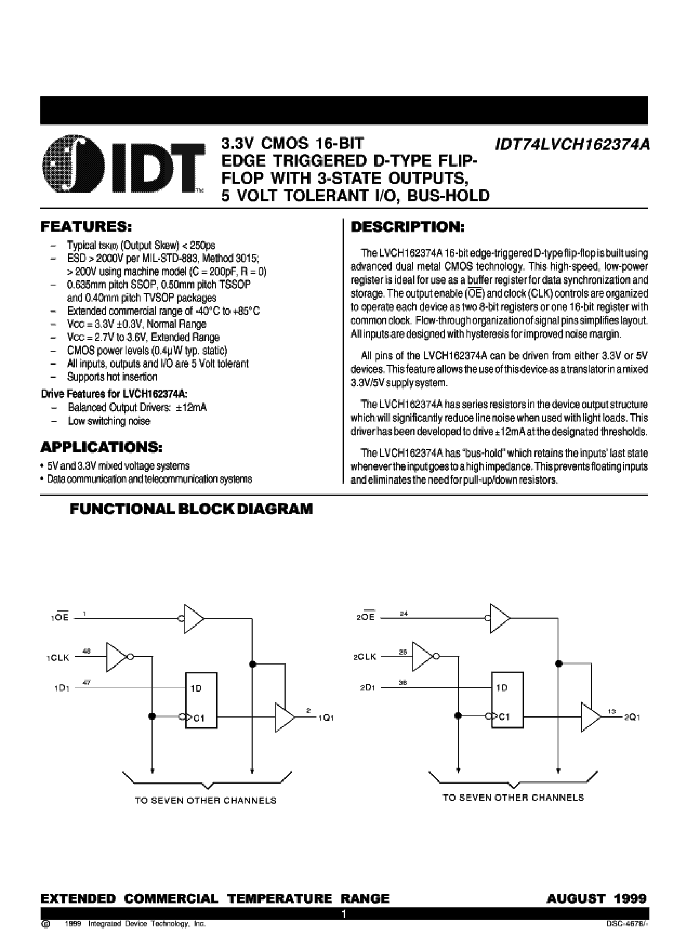 Datasheet IDT52LVC162374A - 3.3V CMOS 16-BIT EDGE TRIGGERED D-TYPE FLIP-FLOP page 1