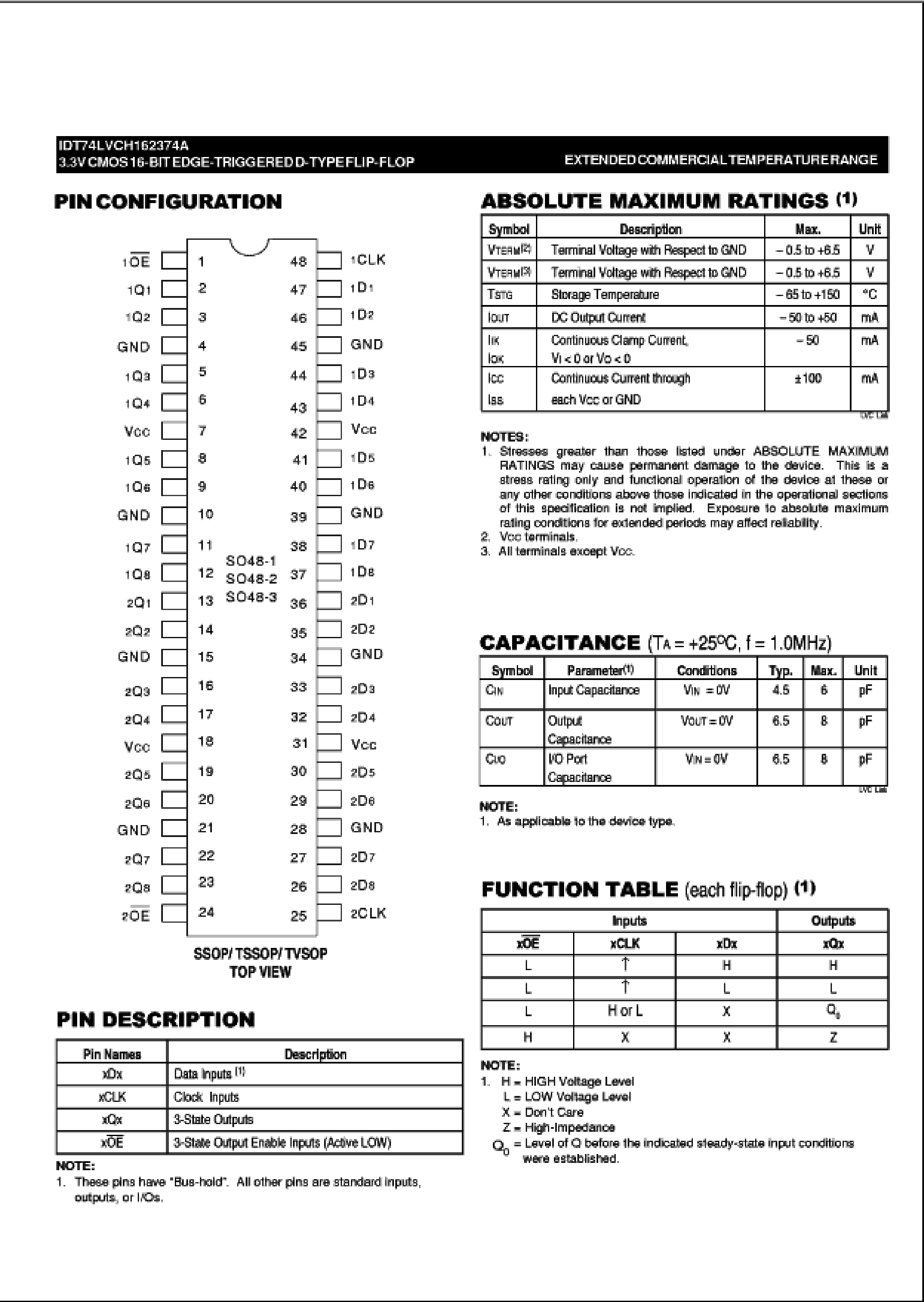 Datasheet IDT52LVC162374A - 3.3V CMOS 16-BIT EDGE TRIGGERED D-TYPE FLIP-FLOP page 2
