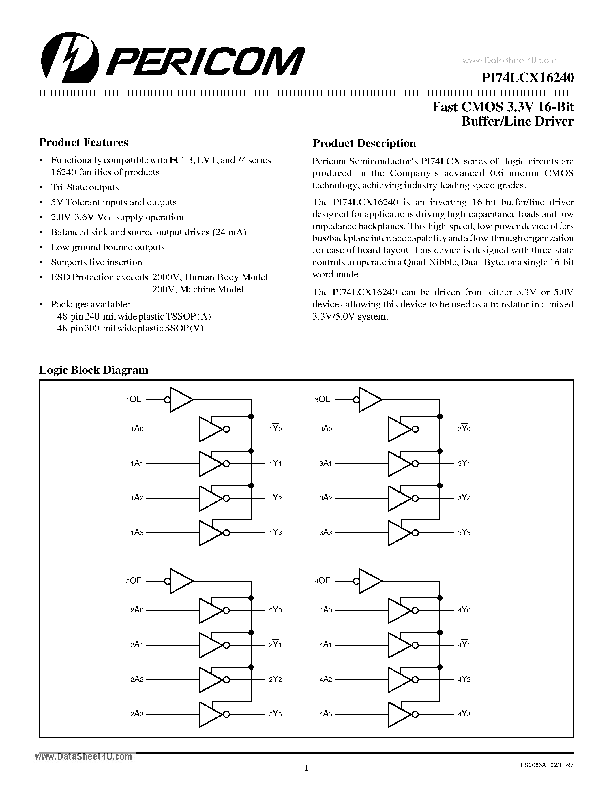 Datasheet PI74LCX16240 - Fast CMOS 3.3V 16-Bit Buffer/Line Driver page 1