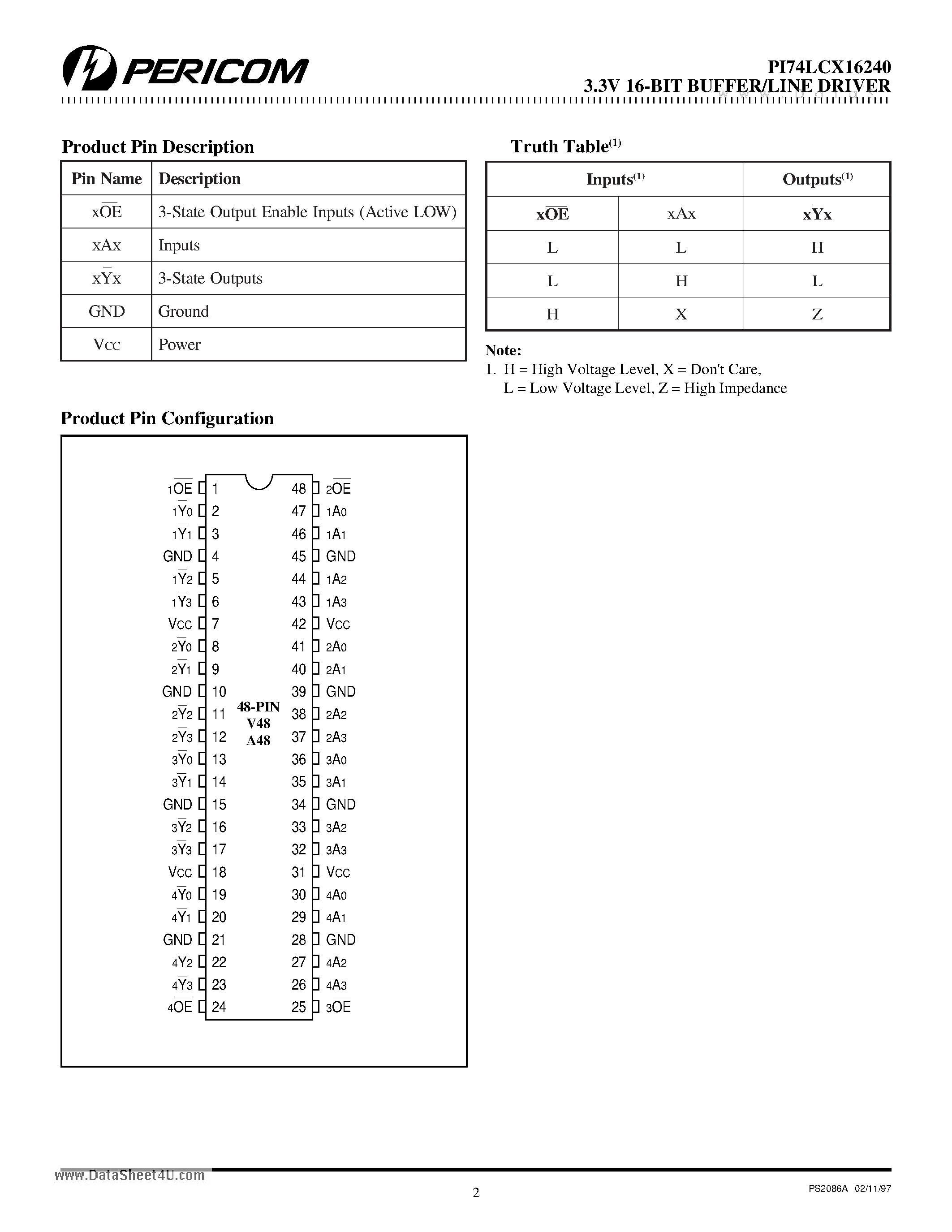 Datasheet PI74LCX16240 - Fast CMOS 3.3V 16-Bit Buffer/Line Driver page 2