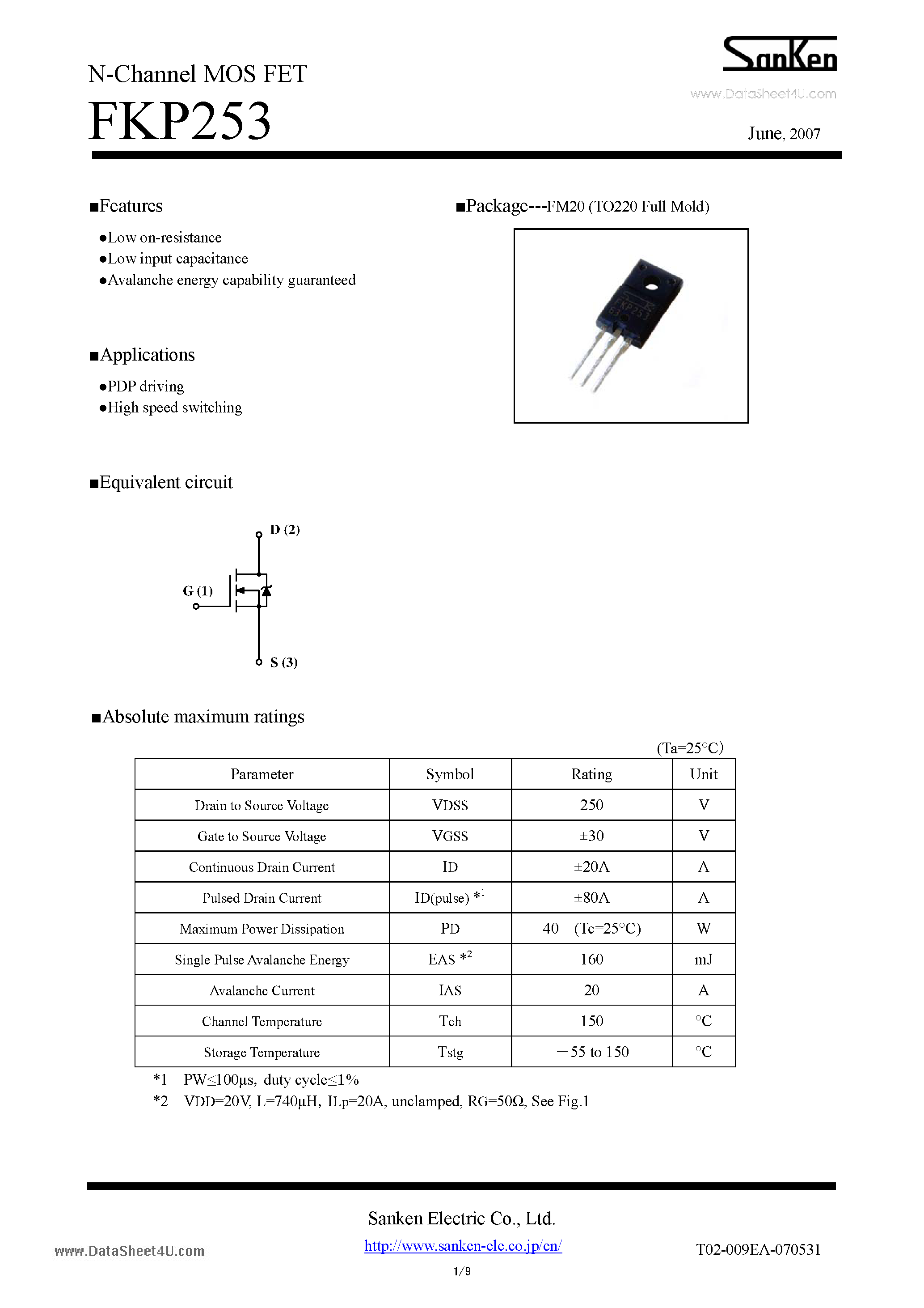 Datasheet FKP253 - N-Channel MOS FET page 1
