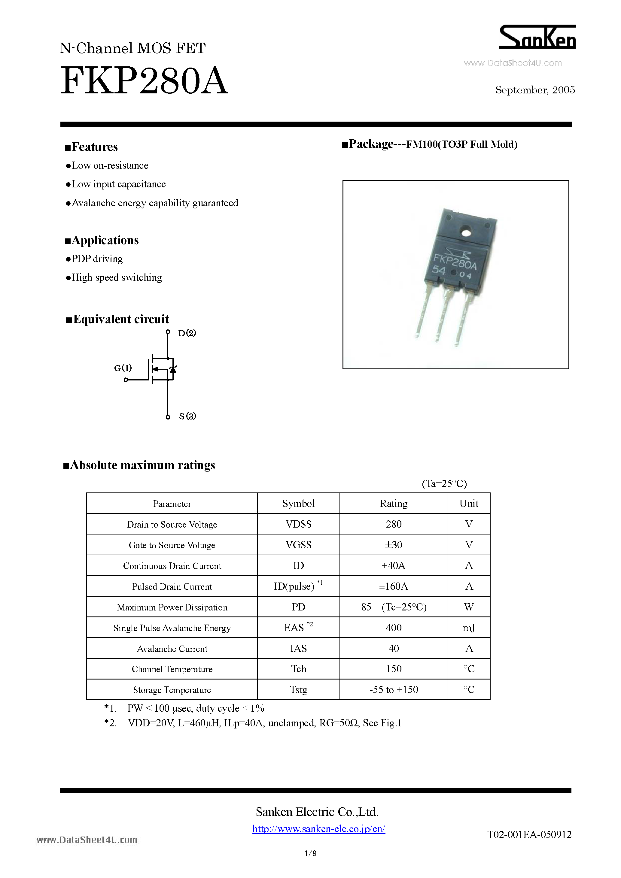 Datasheet FKP280A - N-Channel MOS FET page 1
