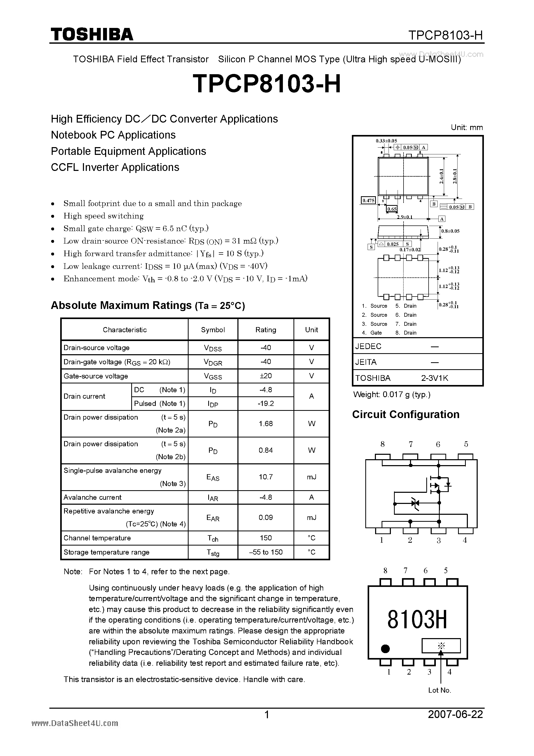 Datasheet TPCP8103-H - Field Effect Transistor Silicon MOS Type page 1