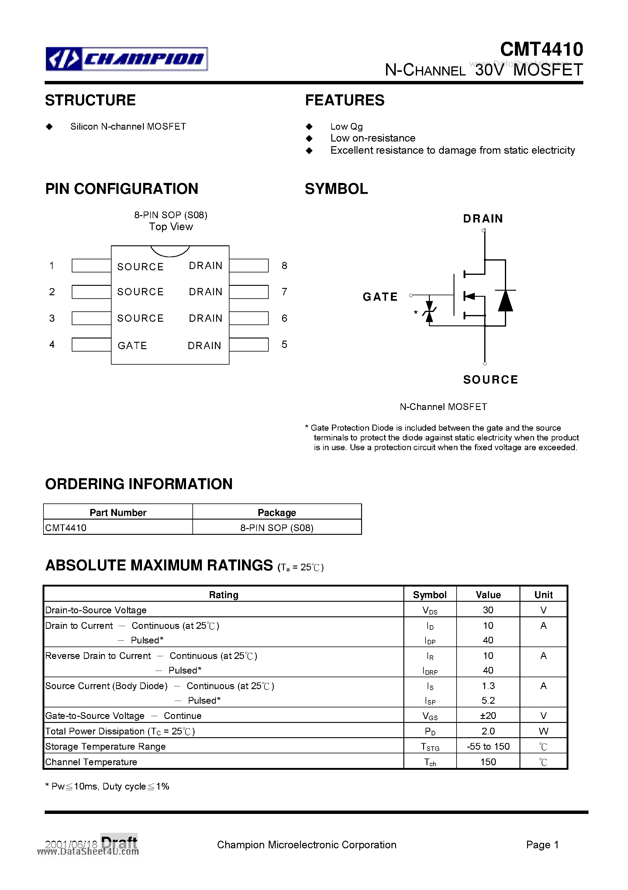 Datasheet CMT4410 - N-CHANNEL 30V MOSFET page 1