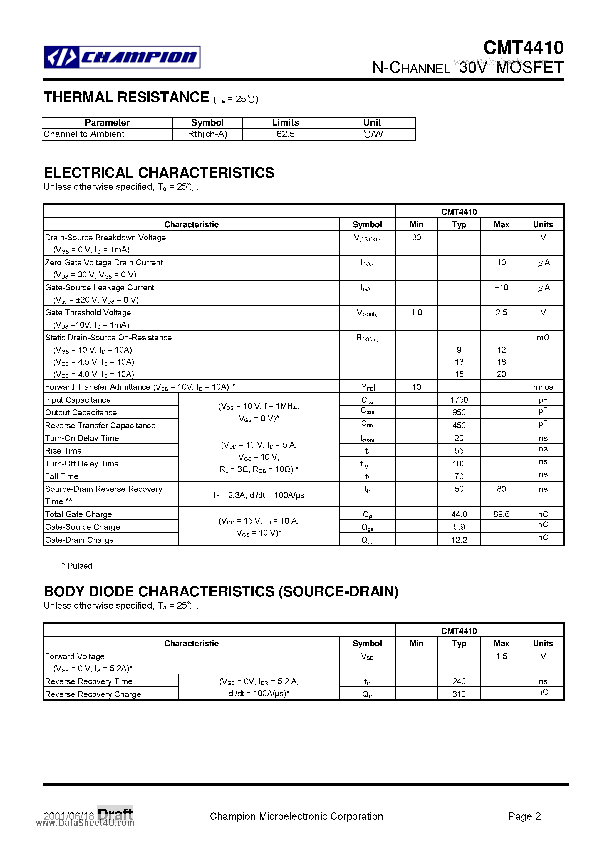Datasheet CMT4410 - N-CHANNEL 30V MOSFET page 2