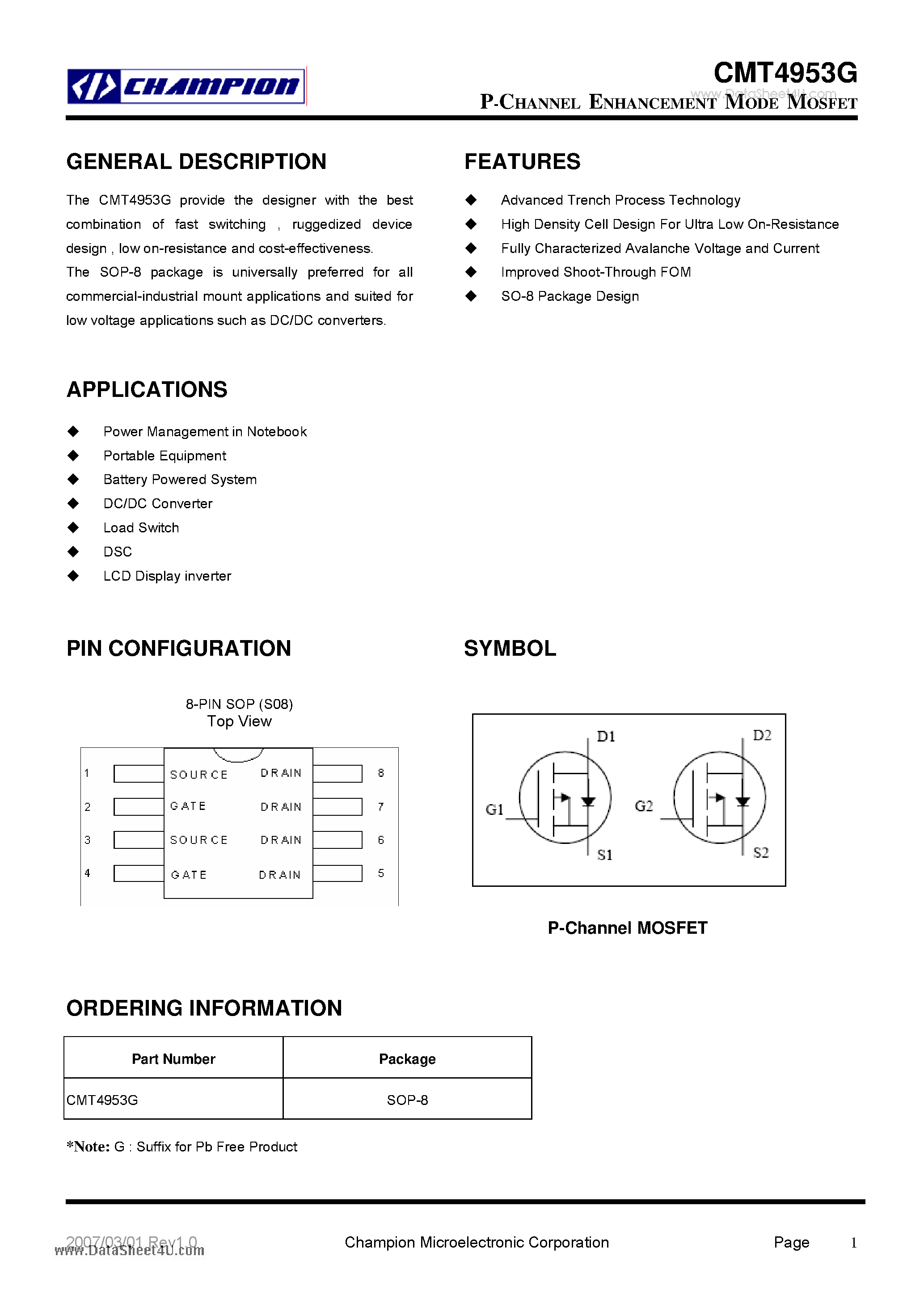 Datasheet CMT4953G page 1 Datasheet CMT4953G - P-CHANNEL ENHANCEMENT MODE MOSFET page 1