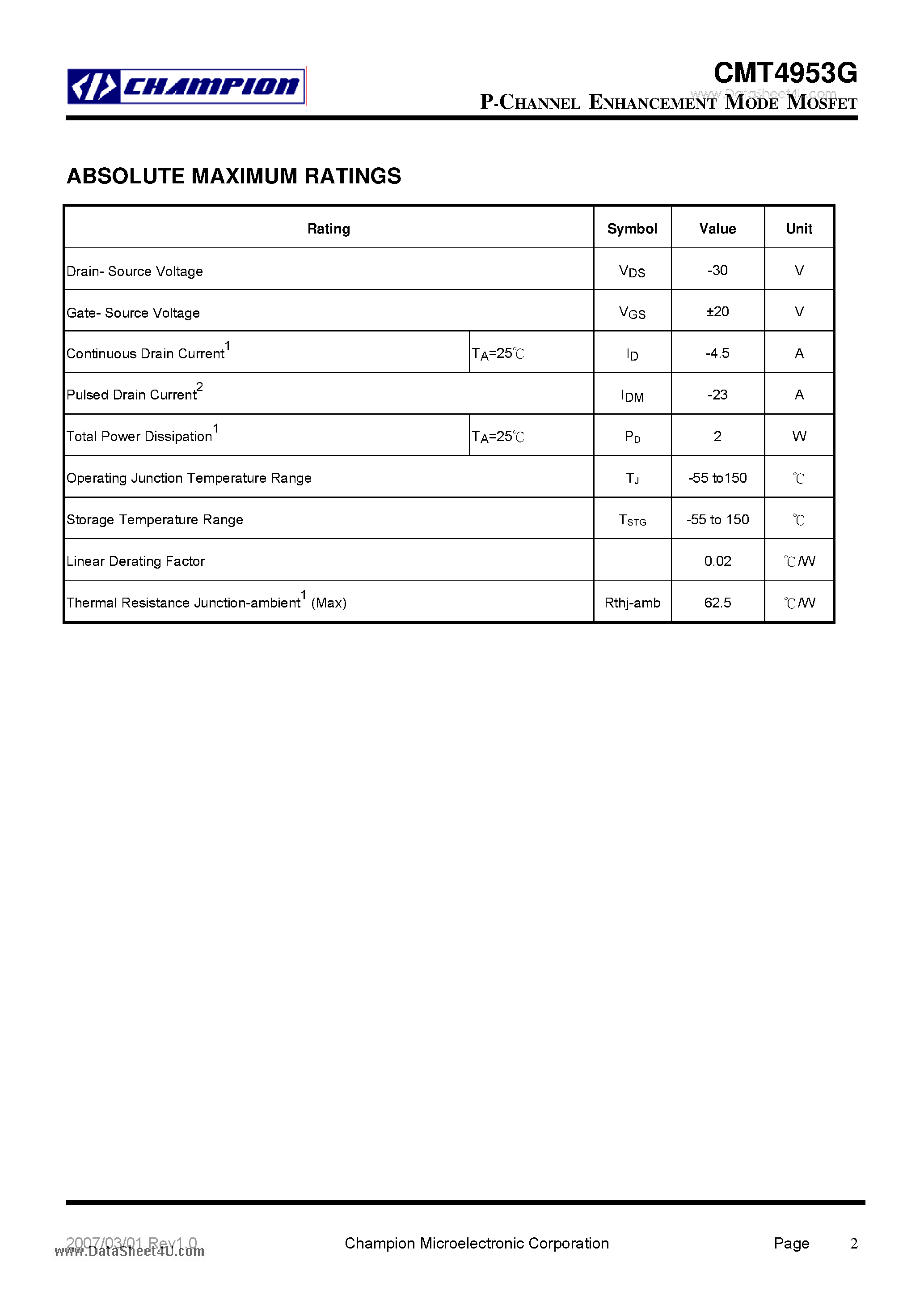 Datasheet CMT4953G page 2 Datasheet CMT4953G - P-CHANNEL ENHANCEMENT MODE MOSFET page 2