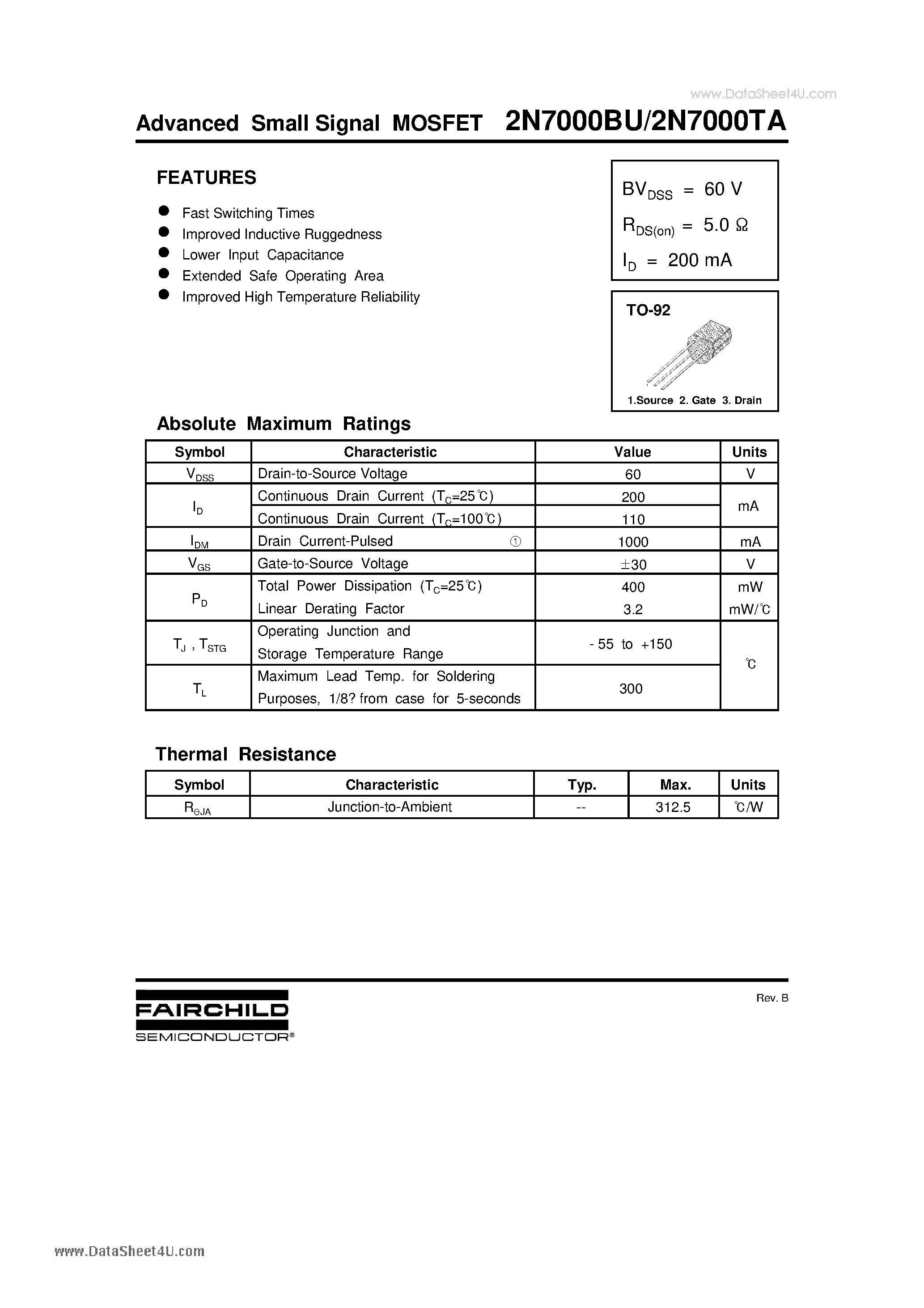 Datasheet 2N7000BU - (2N7000BU / 2N7000TA) Advanced Small Signal MOSFET page 1