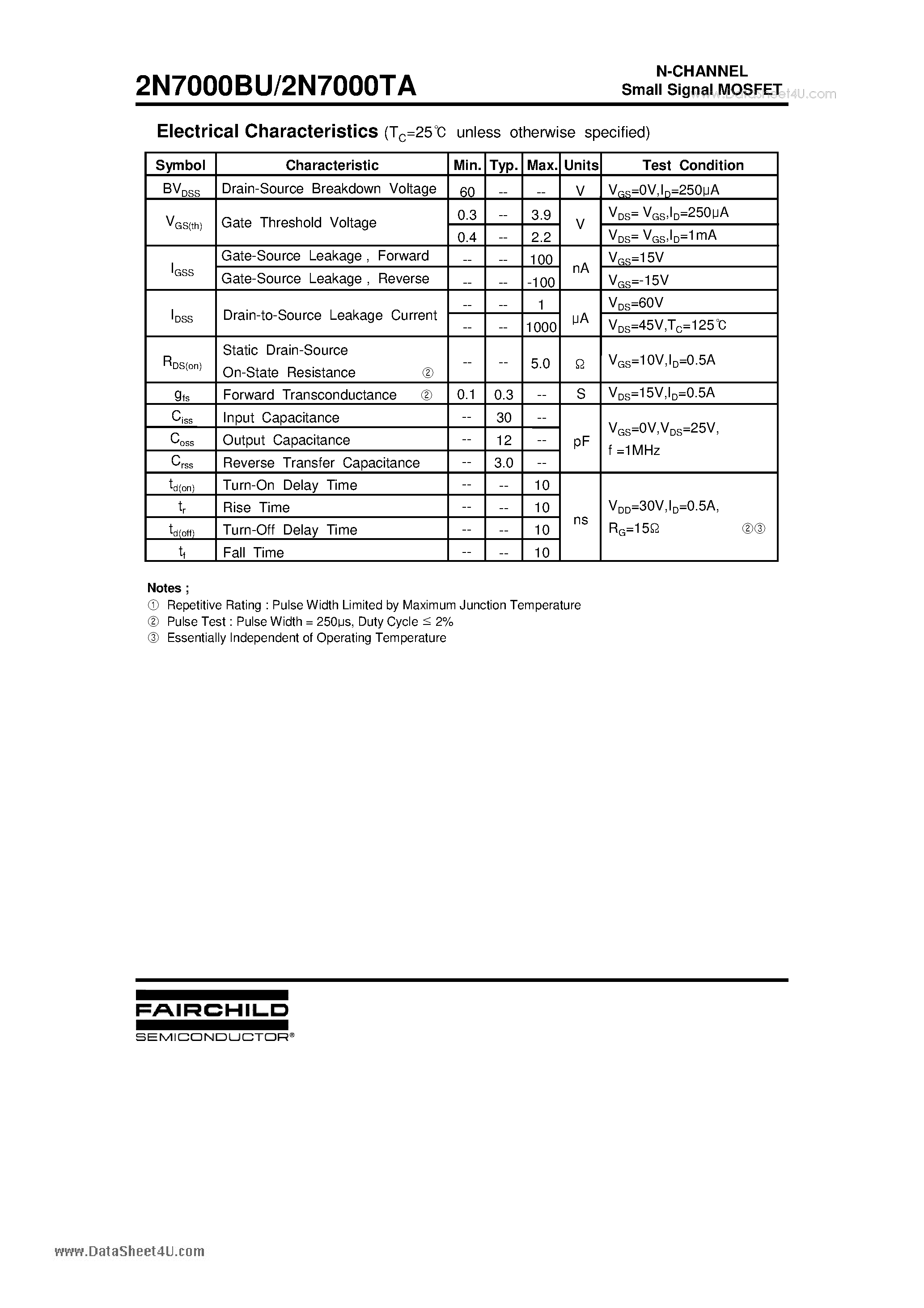 Datasheet 2N7000BU - (2N7000BU / 2N7000TA) Advanced Small Signal MOSFET page 2